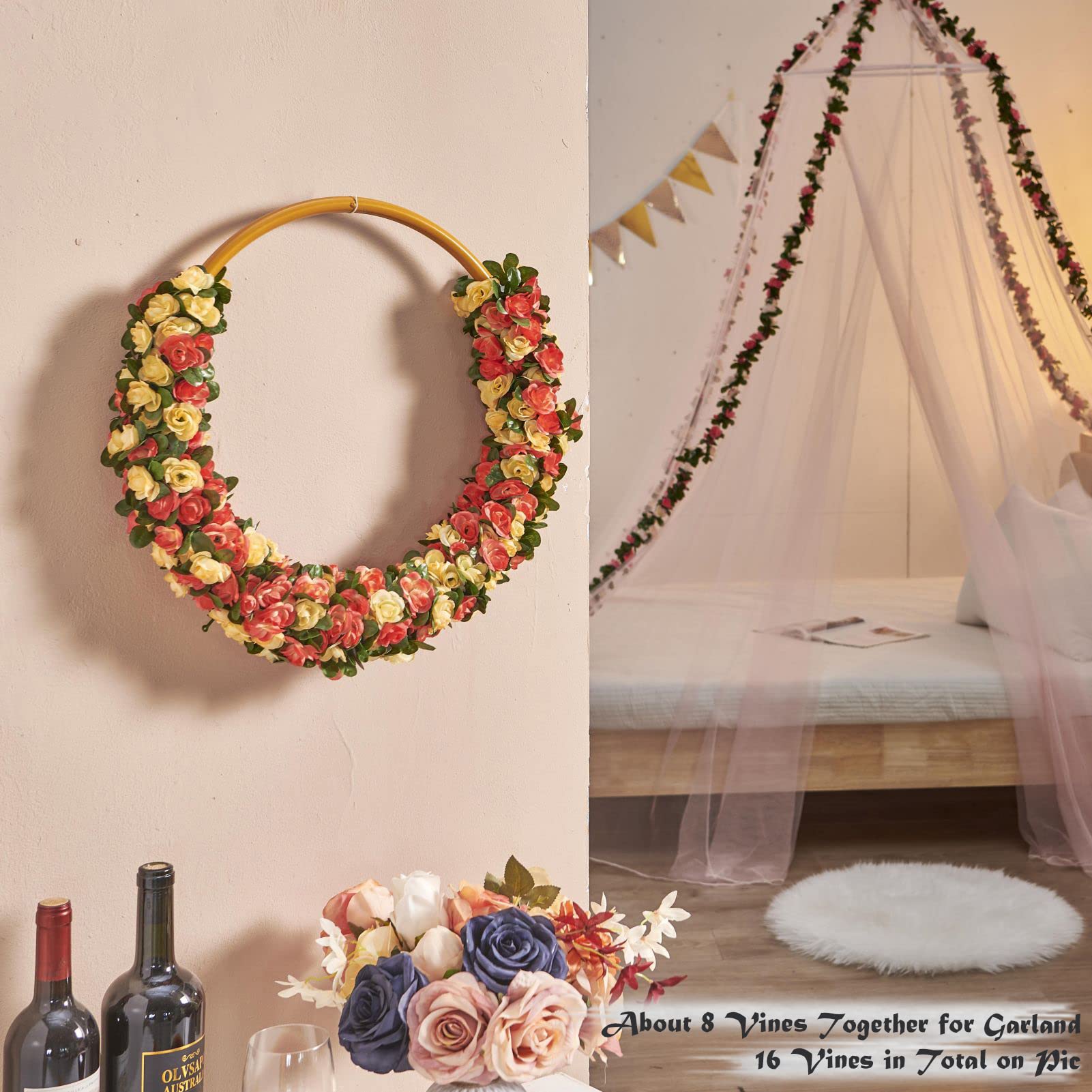 Amazon | PONKING 造花 バラのつる 緑の葉 6本のつる植物 45フィート