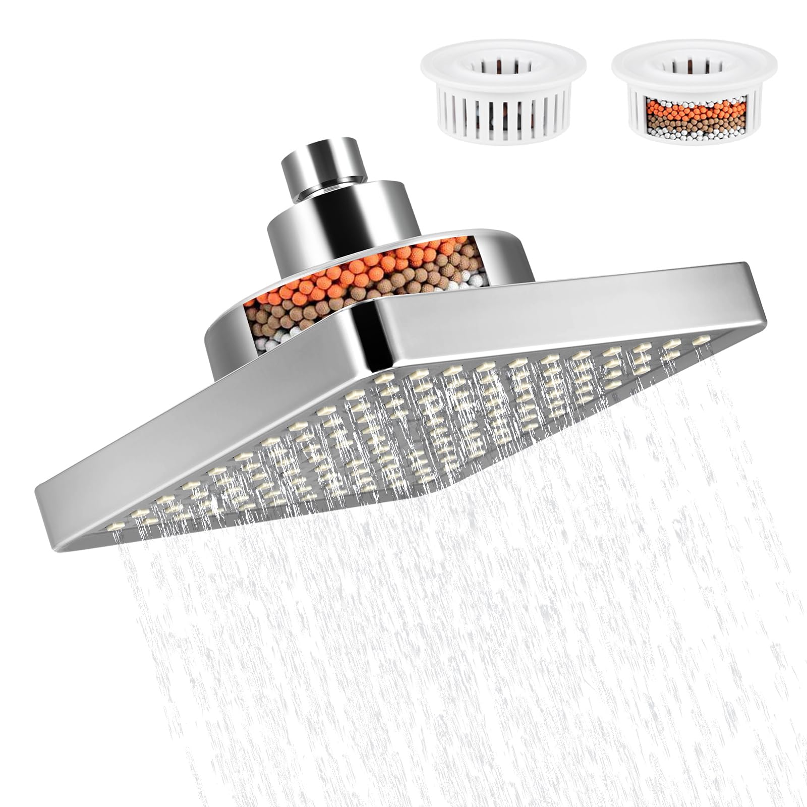 Rain Shower Head with Filtered, 6 Inch Rainfall Shower Head High Pressure, Adjustable Waterfall Filter Showerhead with 2 Filter, Square Fixed Shower Heads for Hard Water, Replacement Chrome (Silver)