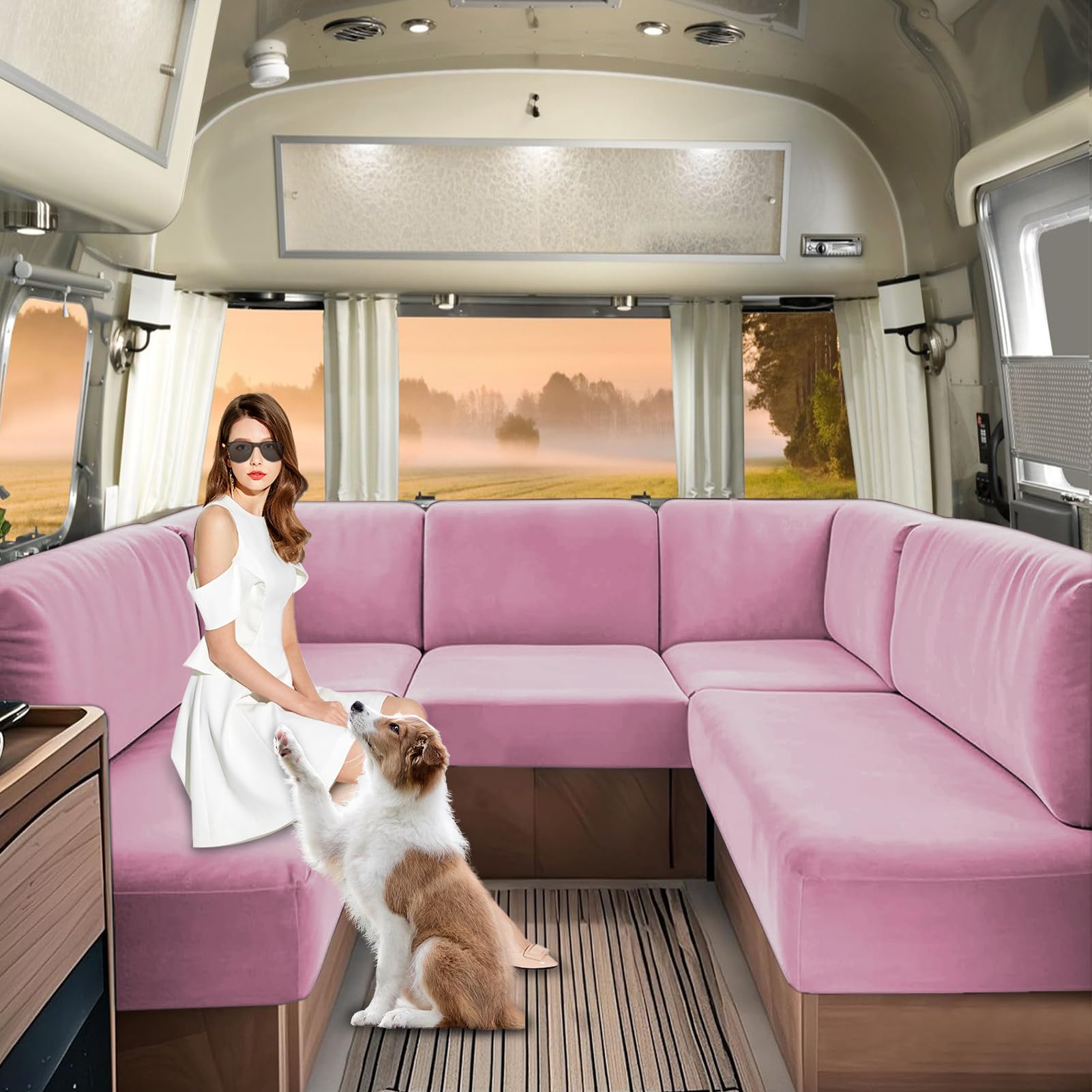 SHUOJIA Caravan Seat Covers Velvet, Motorhome Seat Cover with Elastic-band and Lacing, RV Sofa Cushion Cover for camper Washable（Pink-W160-190 cm,D90-110 cm）