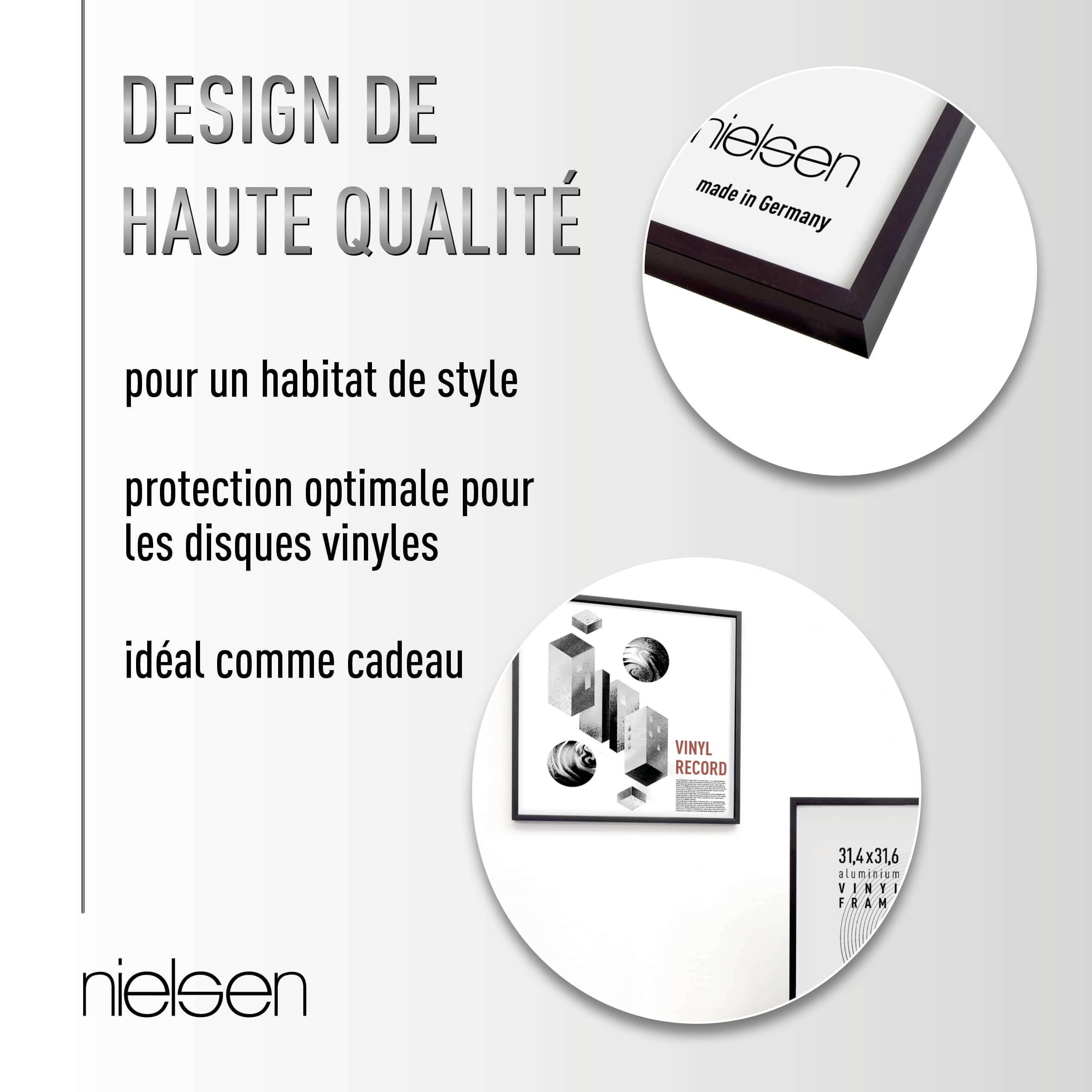 nielsen cadre disque, 31,4 x 31,6 cm, aluminium, Noir mat, cadre vinylepour accrocherau format paysage et portrait, verre synthétique, Vinyl Alu