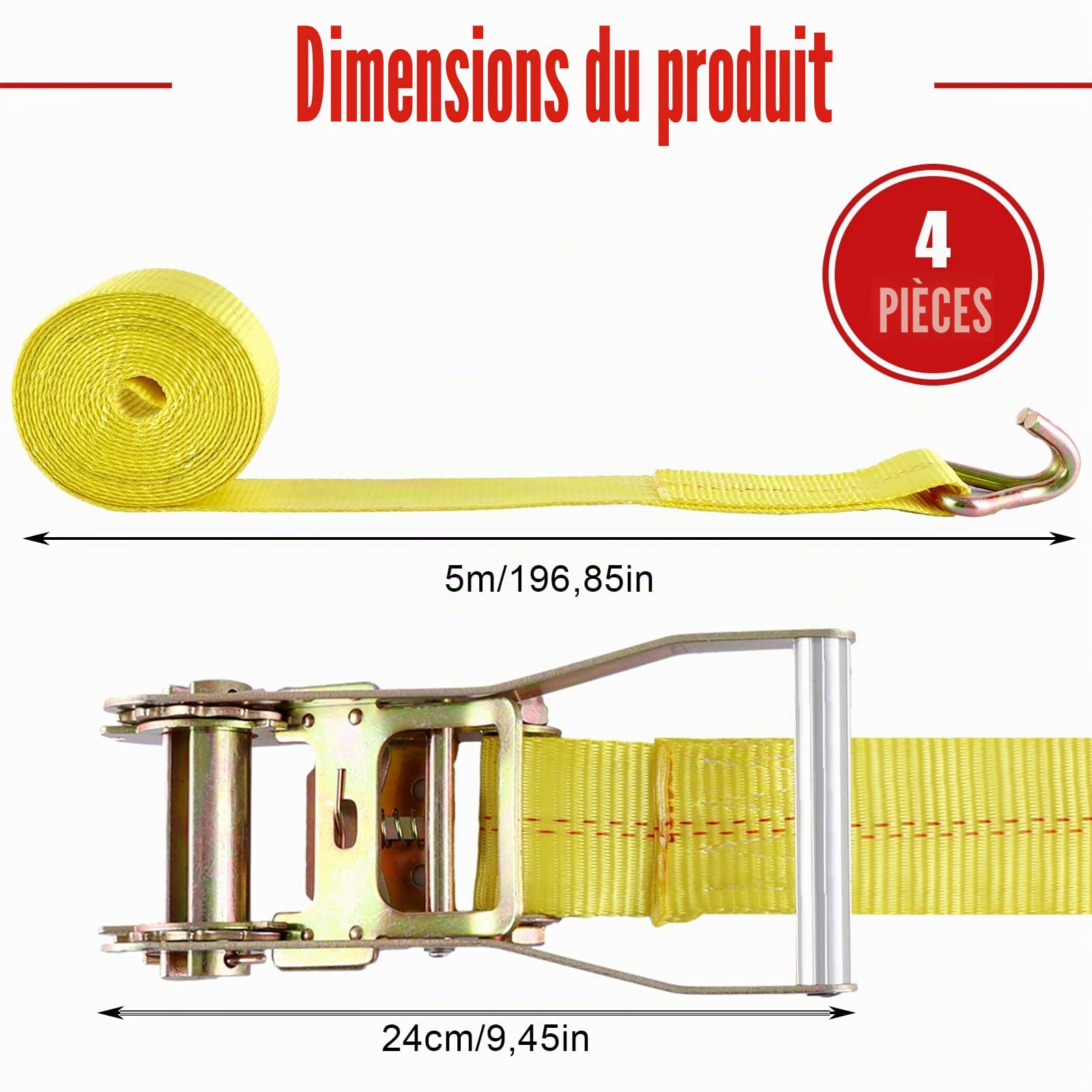 Lot de 4 sangles d'arrimage à cliquet et crochets, 5 m x 50 mm de large, en deux parties, charge lourde, 4000 kg, jaune, pour sécuriser le chargement, l'enlèvement des bagages et le camping