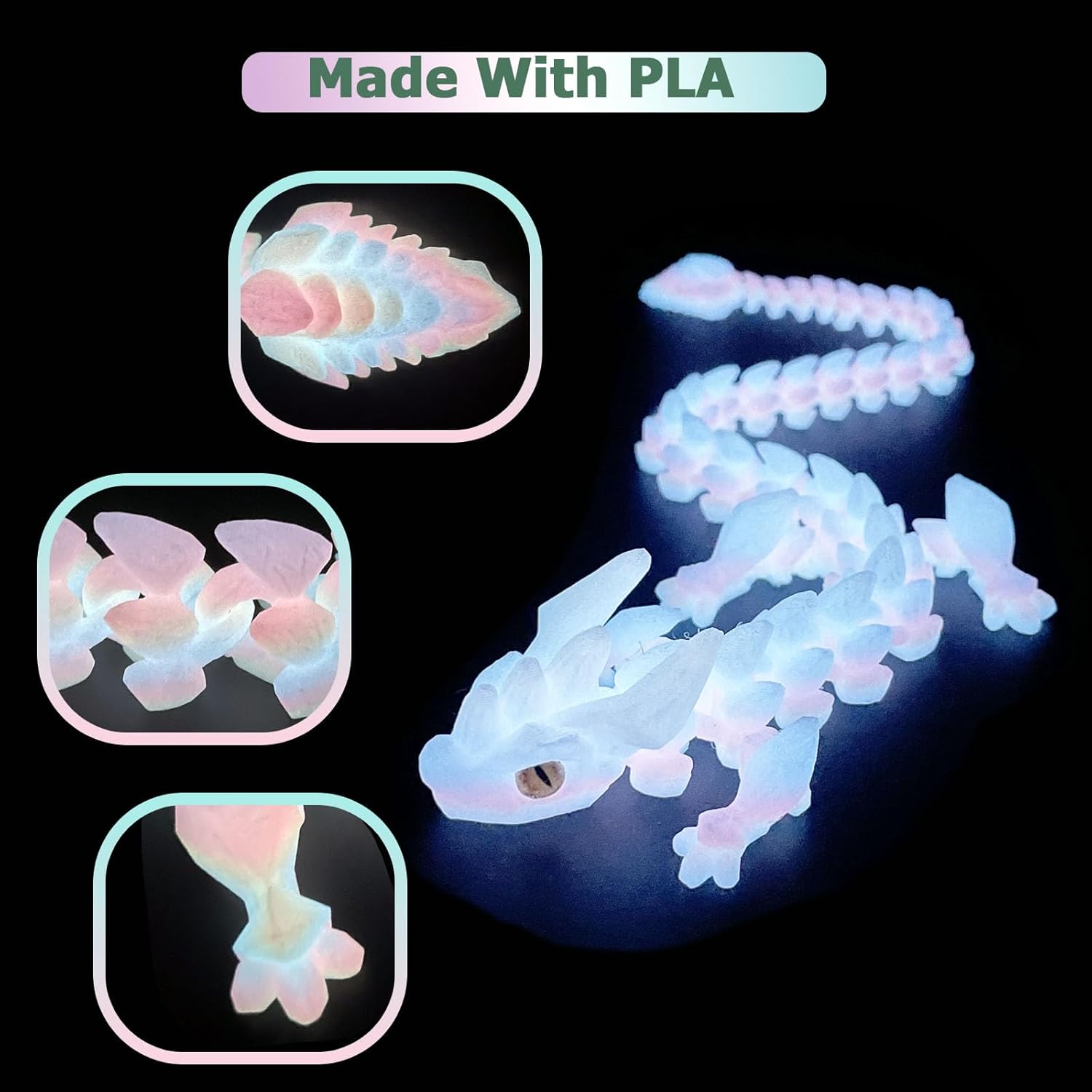 UXBSTM 12in Flexible 3D Printed Dragon with Eyes, Articulated Fidget 3D Printed Animals, Stress Relief 3D Printed Toy for Anxiety & ADHD, Unique Home Office Décor,Easter Basket Essentials