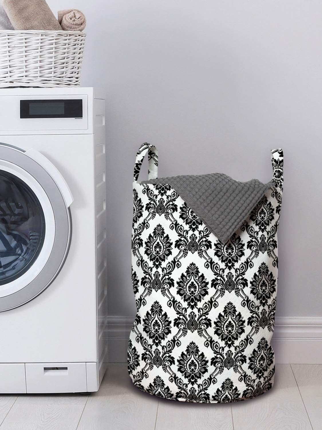 Lunarable Damask Laundry Bag, Antique Classic Curly Flowers Pattern Traditional Artwork Design Monochrome, Hamper Basket with Handles Drawstring Closure for Laundromats, 13" x 19", White Black