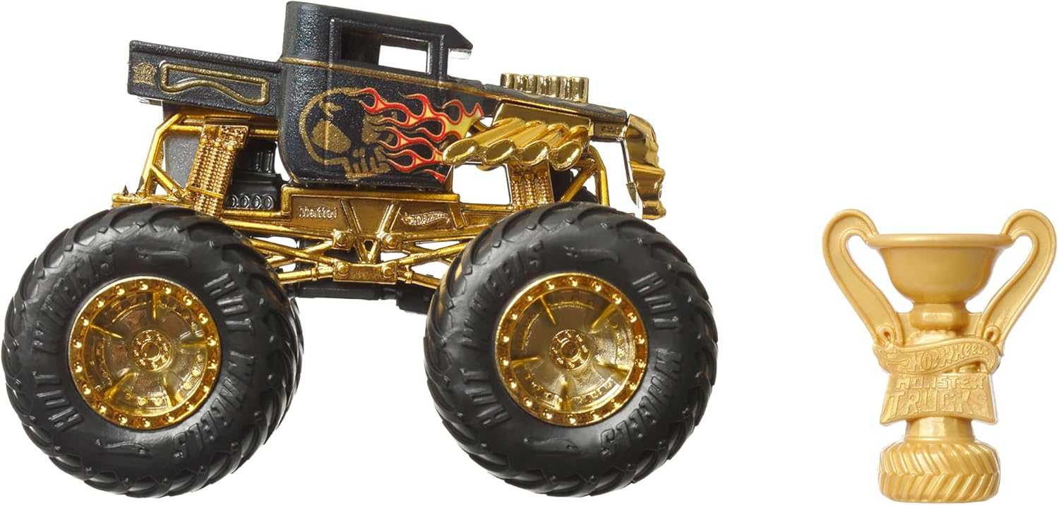 Hot Wheels, 1:64 Scale Bigfoot Trophy Surprise Toy Vehicles with Gold Accents (Cannot Choose Model)