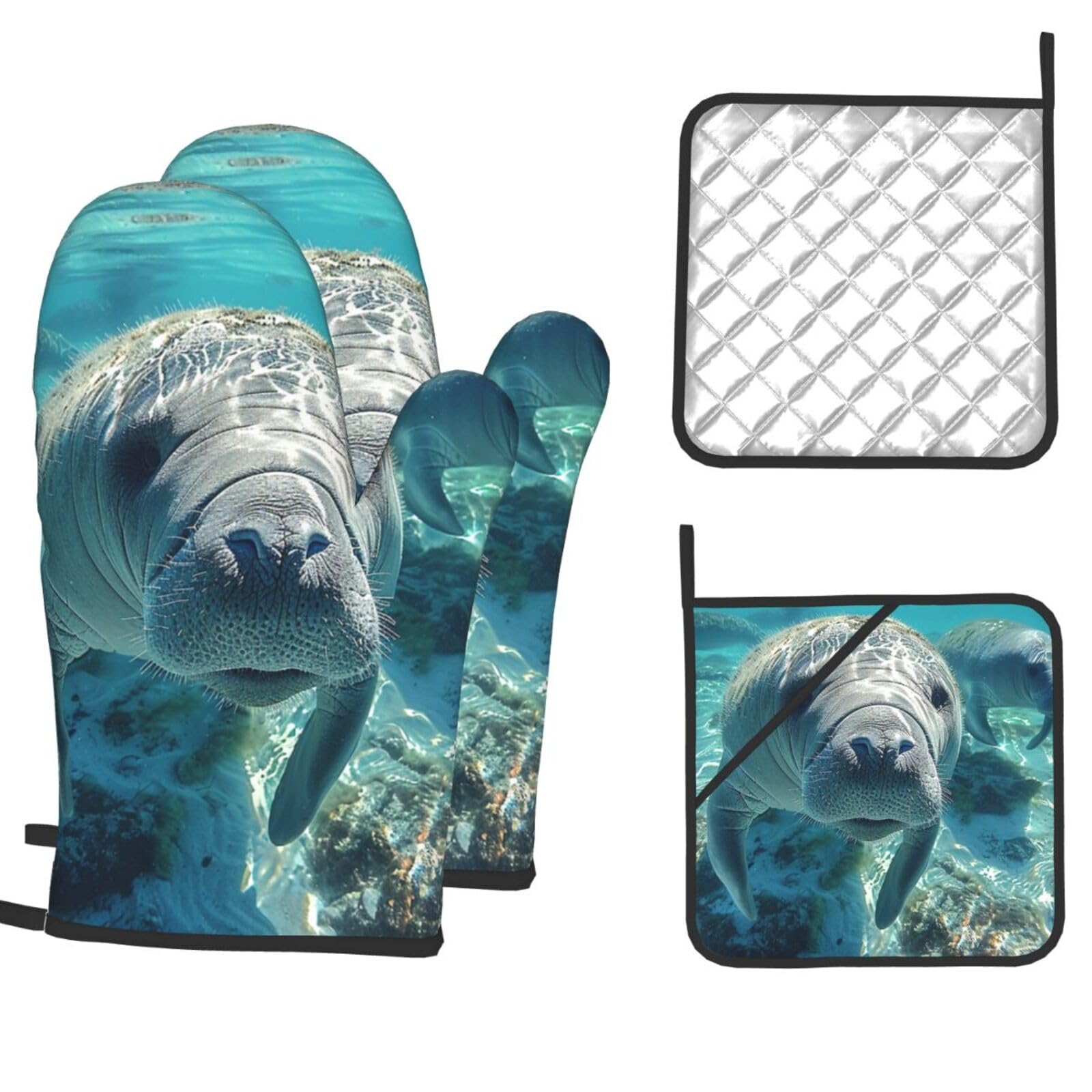Oven Mitts and Pot Holders Sets of 4 Heat Resistant Kitchen Gloves Ocean Animal Manatee Oven Mitts BBQ Gloves Oven Gloves and Hot Pads Non-Slip Potholders for Kitchen Baking Cooking