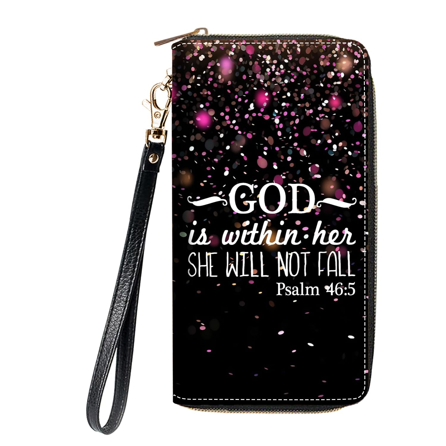 DEHJYYIJUY Women's Large Capacity Wallet, Bible Verse Psalm 46:5 Design Portable PU Leather Zipper Wallet, Multifunctional Clutch Wallet for Smart Phone/Cash/Card/Coin