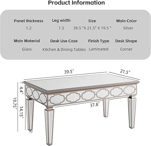 Miniatura 2 de Elegante mesa de centro de espejo plateado brillante, mesa rectangular plateada, moderna mesa de cóctelmesa auxiliar para sala de estar y cocina.