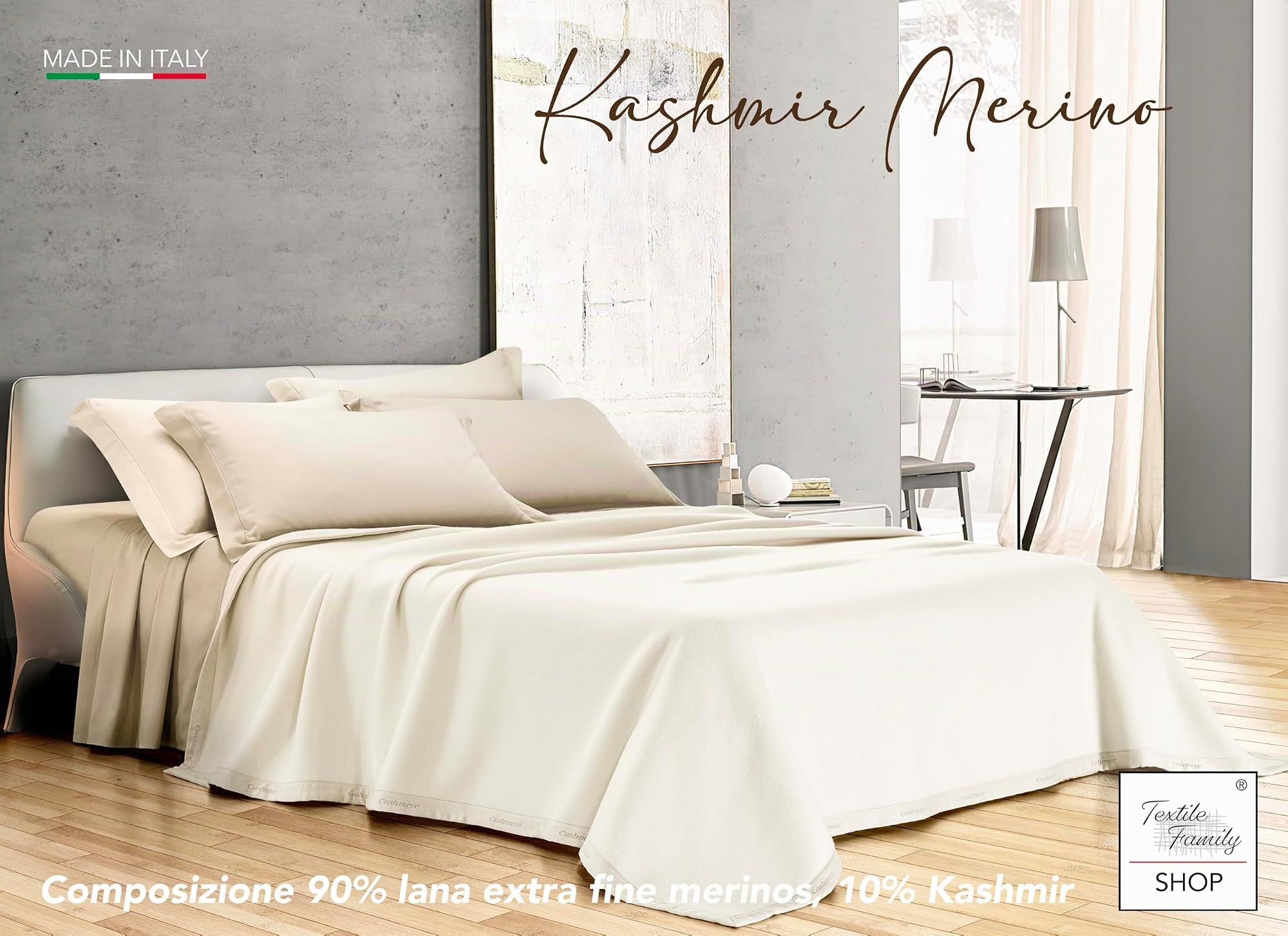 Tex family Coperta Matrimoniale Invernale 220x260 – 90% Lana Merinos + 10% Cashmere – Antipilling, Calda, Elegante, Made in Italy, Bianca