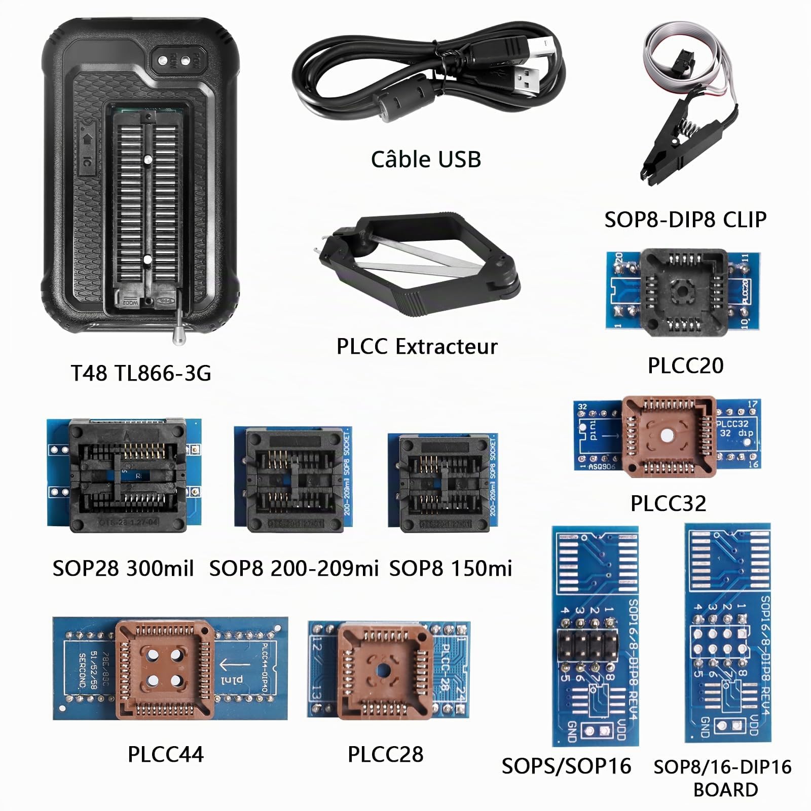 Programmeur USB Universel, Mini Pro T48 avec 10 adaptateurs, SOP8 à DIP8, pour Programmeur eprom SPI/Nor/NAND Flash/EMMC/IC Tester avec Port ICSP