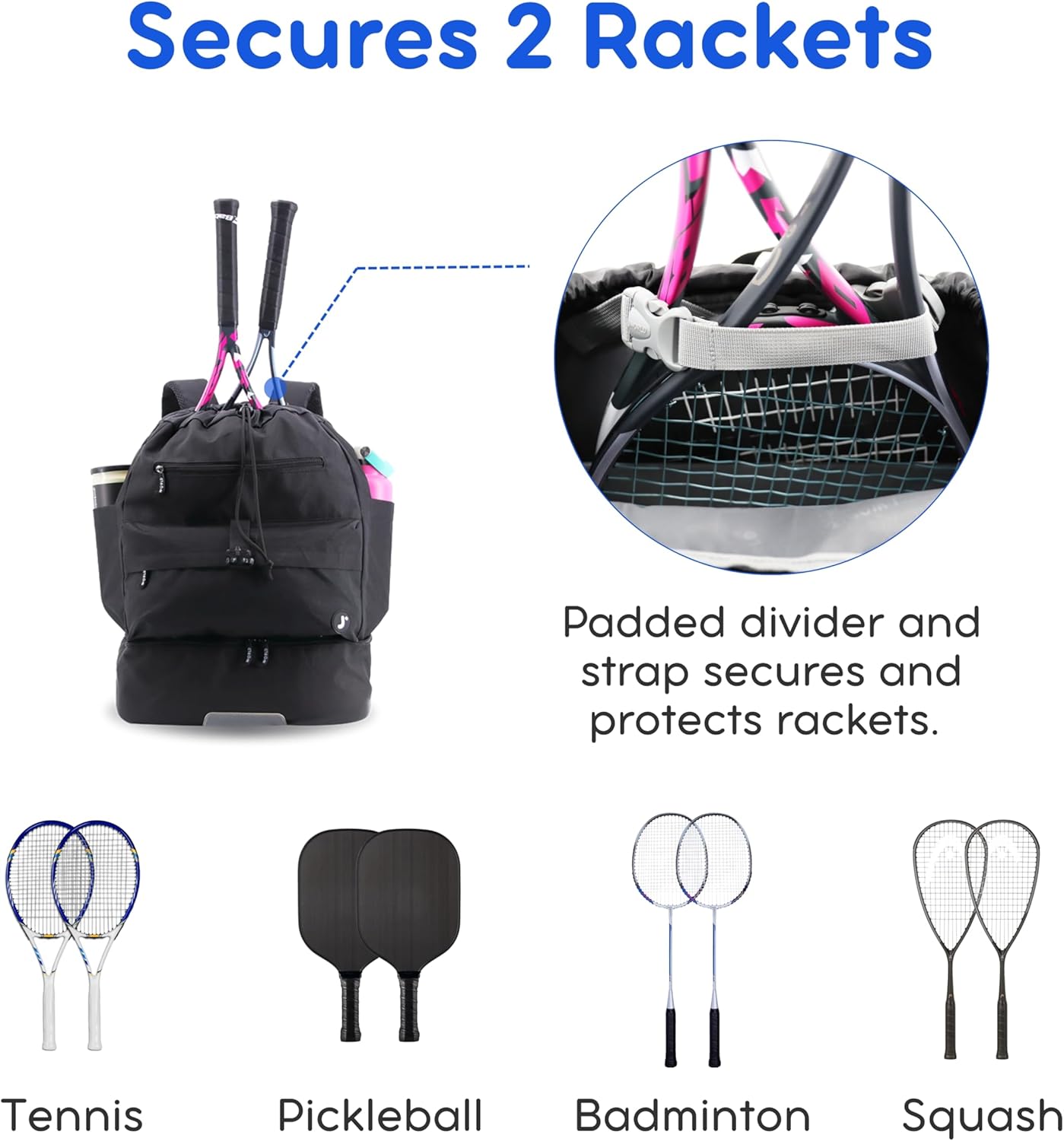 J World Ace 2 Racket Tennis Backpack for Women Men. Badminton Squash Pickleball Bag. Kids Sports Gym Bag w/Shoe Compartment