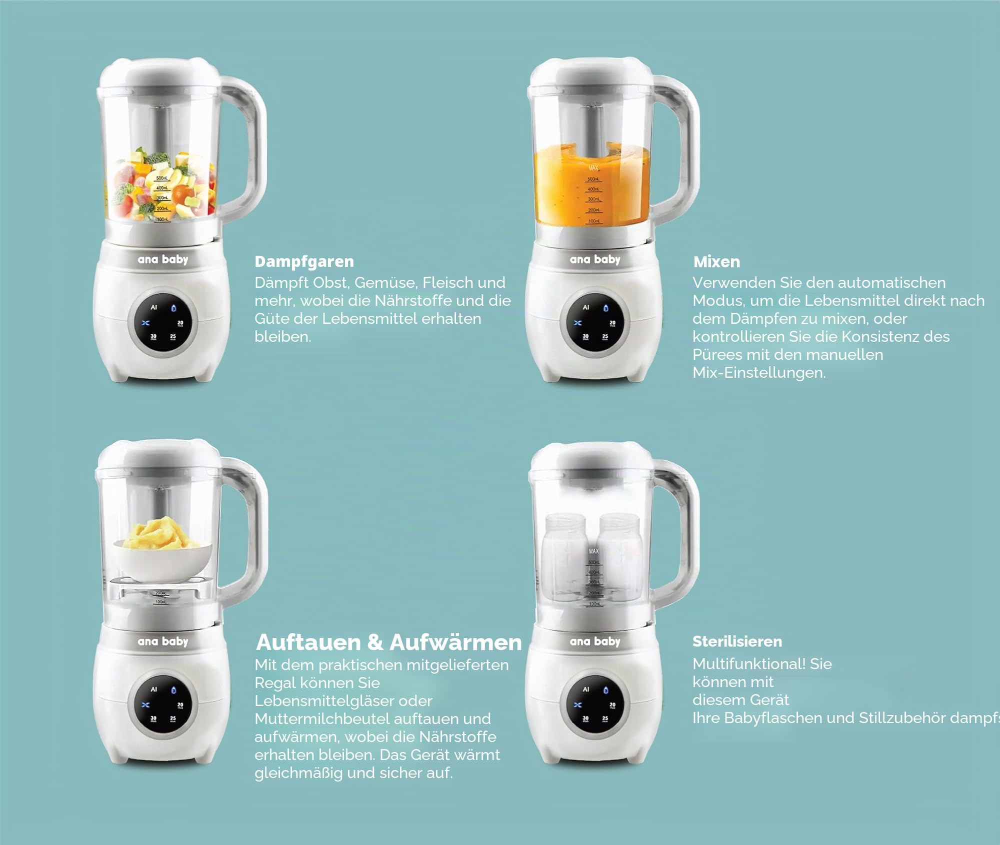 Babynahrung Dampfgarer & Mixer mit 4 Funktionen – Dampfen, Mischen, Auftauen, Aufwärmen, Sterilisieren
