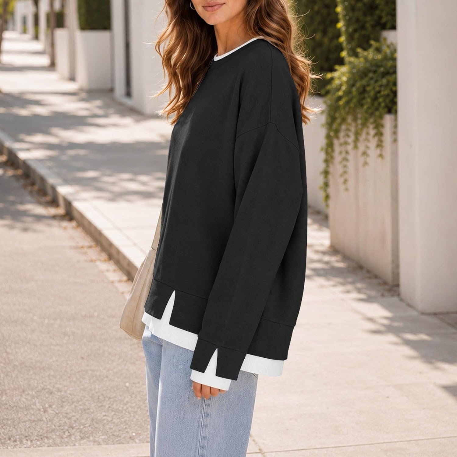 Women's Color Block Crewneck Tunic Sweatshirt Fall Winter | Sweatshirts for Women Crewneck Fall Outfits Color Block Shirts Long Sleeve Shirts Tunic Tops Loose Winter Fashion Clothing