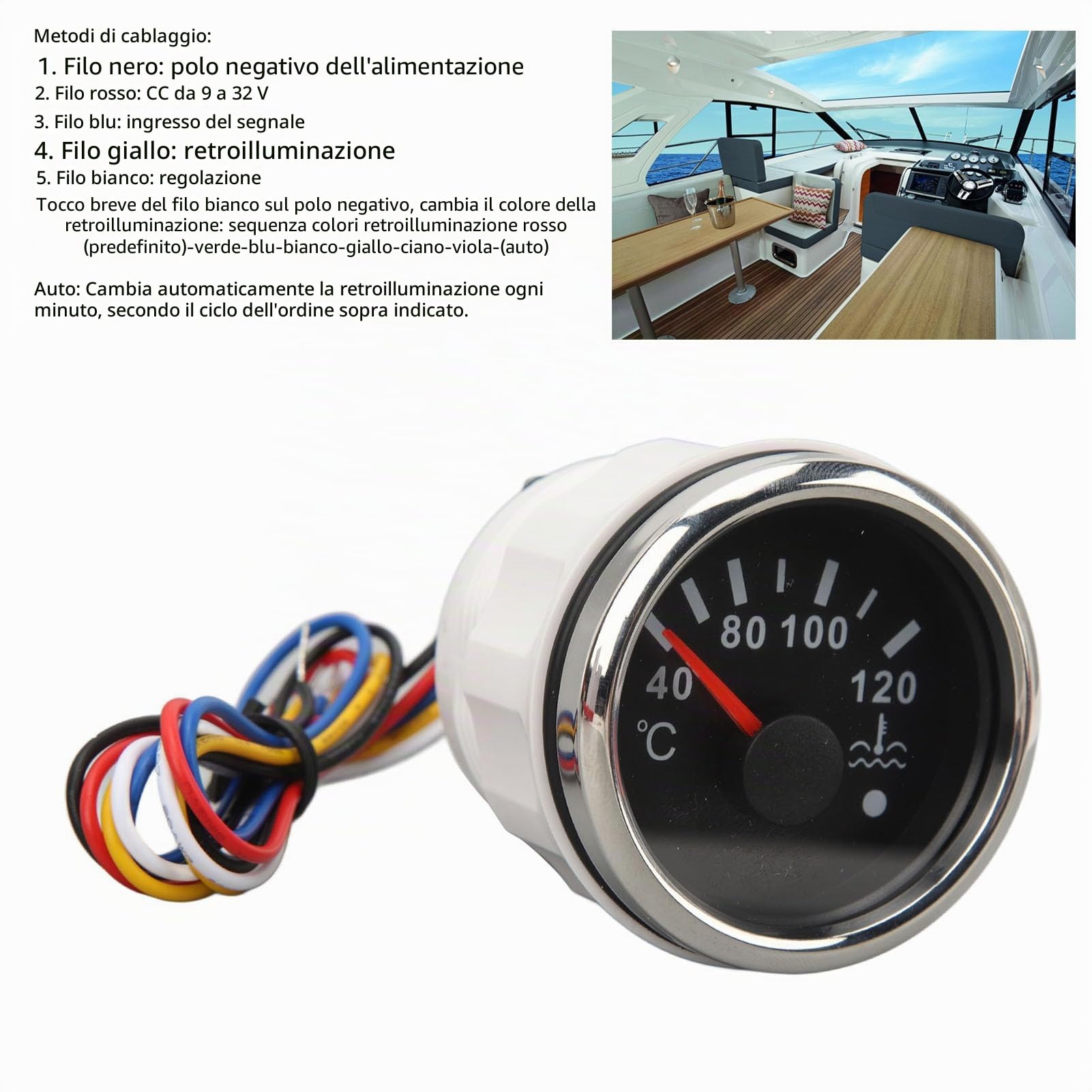 Indicatore della Temperatura Dell'acqua, 52MM da 40 a 120 °C Termometro con Puntatore DC9 a 32V con Retroilluminazione per Camper Yacht Barche da Pesca Navi (Quadrante nero