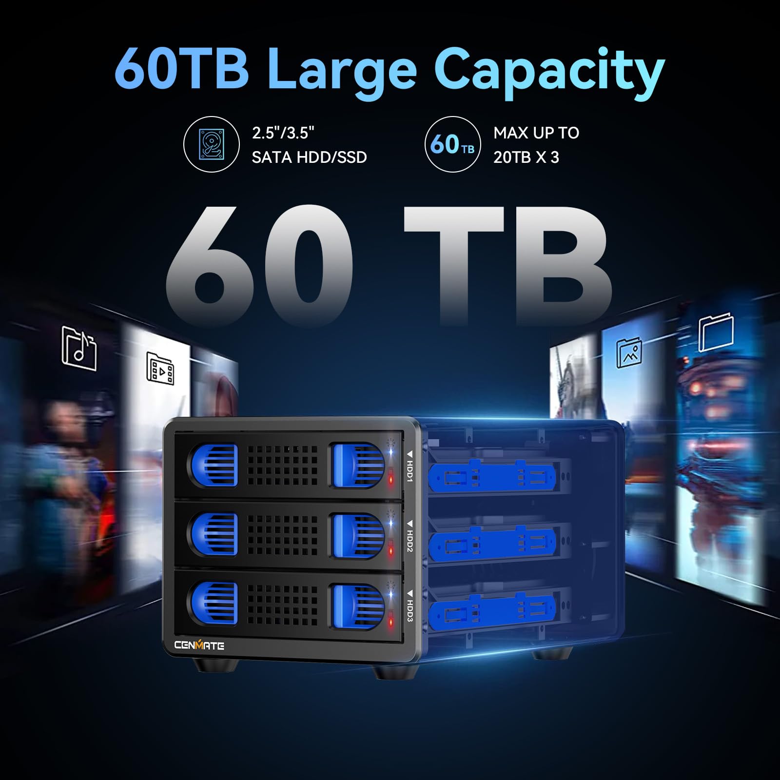 Alloggiamento Dischi Rigidi, Case 3 Bay Alluminio 10Gbps con Ventola per HDD/SSD SATA 2,5/3,5, Cavo USB A/C 3.2 con Sostituzione a Caldo, Alloggiamento HDD Senza Attrezzi, DAS (senza RAID/NAS)