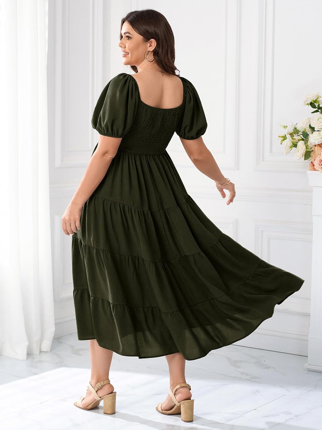 Womens Plus Size Casual Dress Short Puff Sleeve Square Neck Smocked Tiered Summer A Line Flowy Long Maxi Dresses - Image 5
