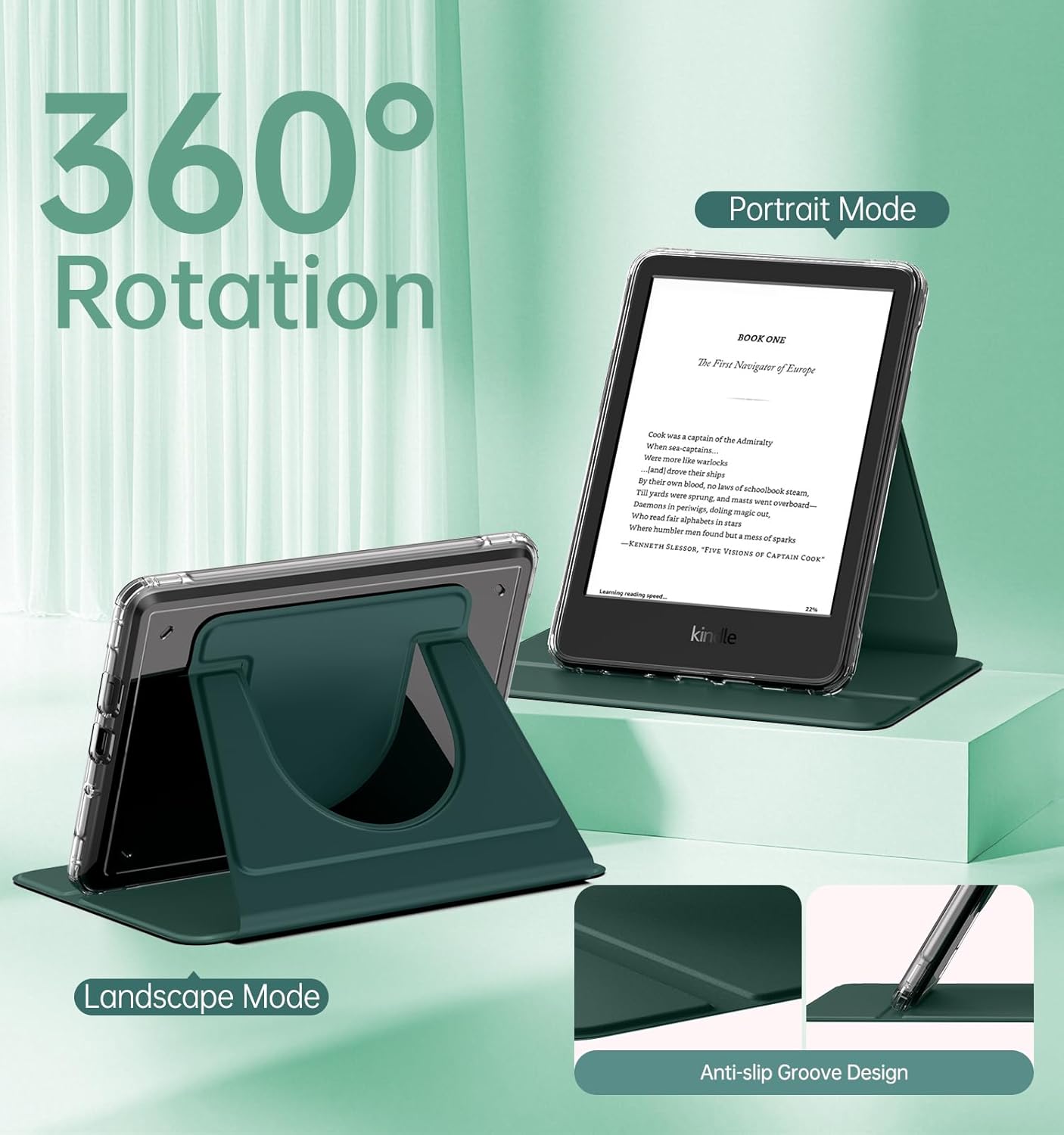 MoKo 360° Rotating Case for 6" All-New Kindle (11th Generation-2024/2022 Release), Clear Back Detachable Magnetic Protective Adjustable Stand Cover with Auto Wake/Sleep, Midnight Green