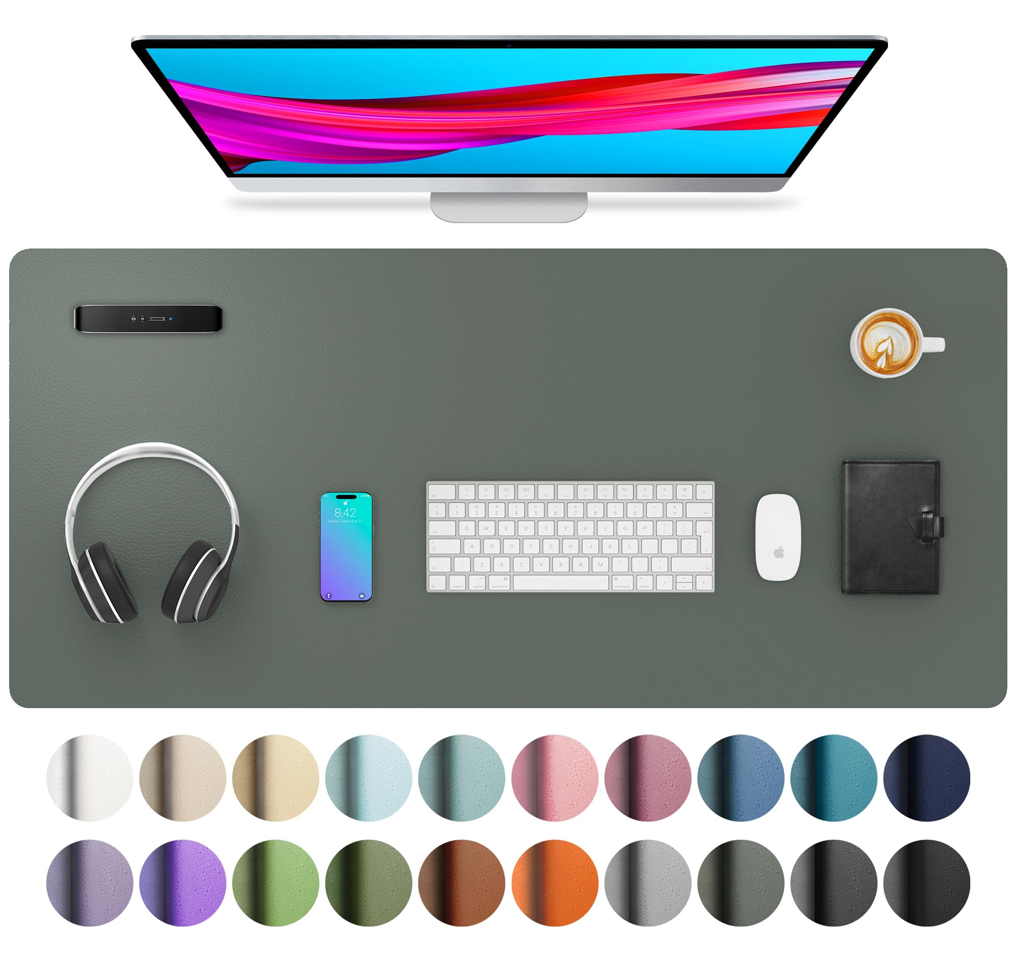 Aothia Leather Desk Protector, Mouse Mat, Non-Slip PU Leather Blotter, Laptop Desk Mat, Waterproof Writing Pad for Office and Home (Jungle Green, 36" x 17")