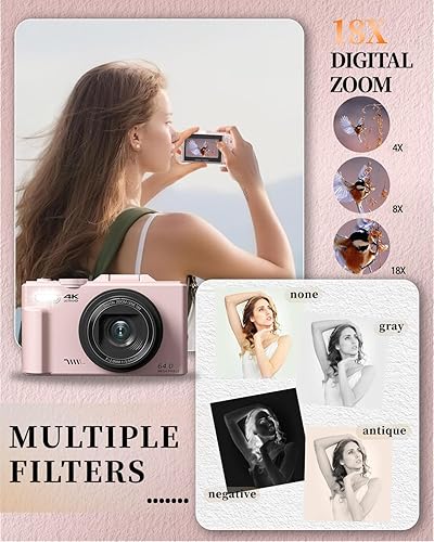 Miniatura 6 de Cámara digital 4K para fotografía y vlogging, cámara de YouTube con pantalla abatible de 180 de 3 pulgadas, enfoque automático, WiFi, zoom 18X,