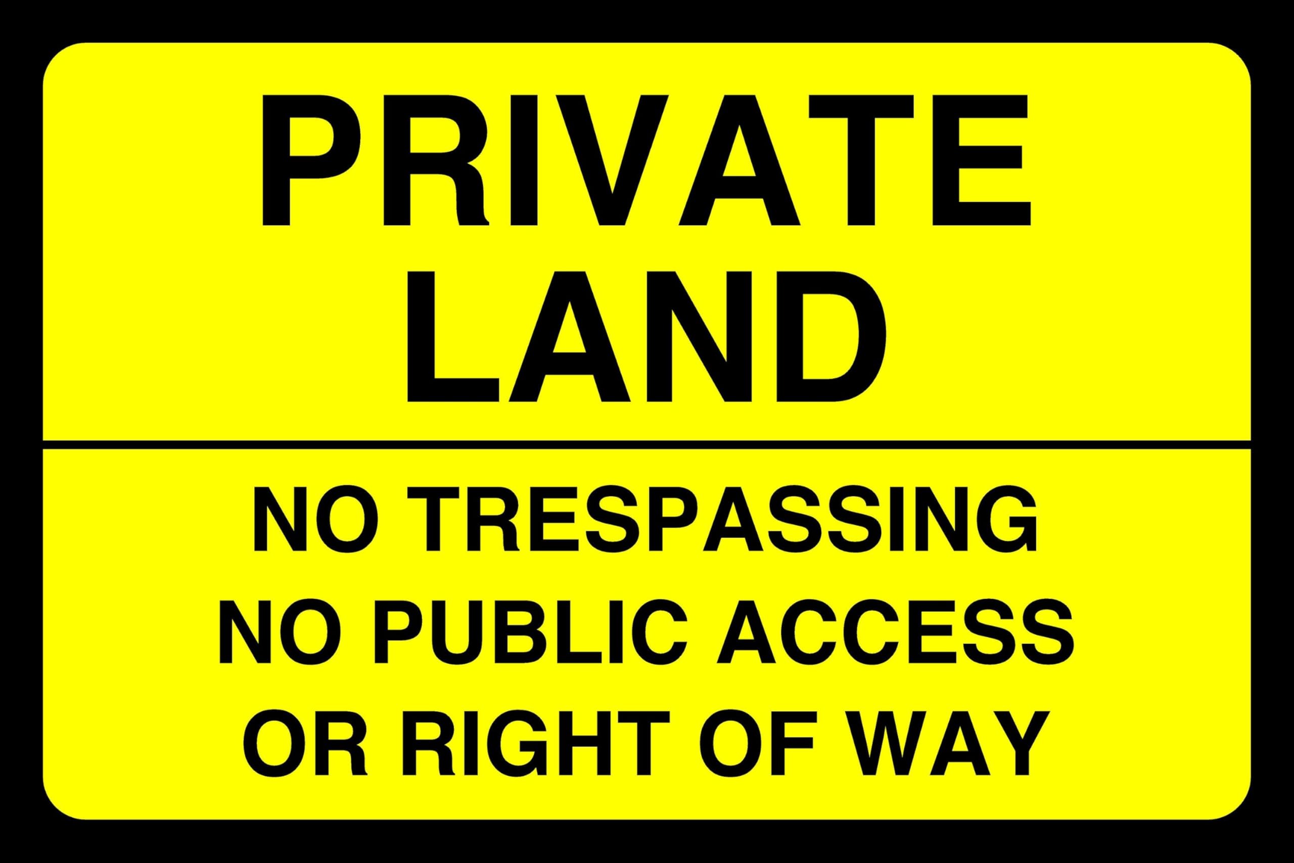Private Land No Trespassing No Public Access Or Right Of Way - safety sign - High tack self-adhesive sticker (400mm x 300mm) Viewing Distance within 14m.