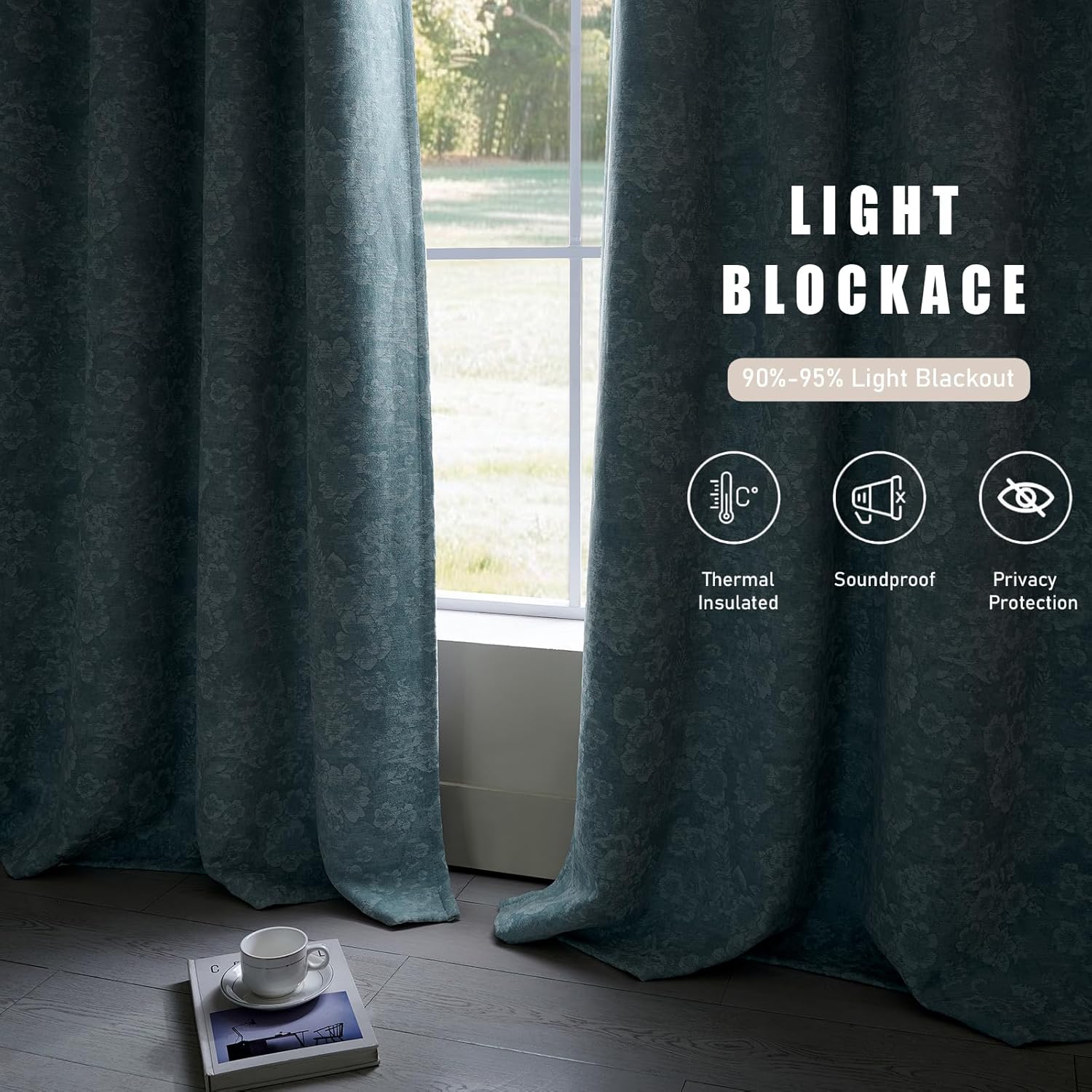 Dusty Blue Floral Jacquard Blackout Curtains 84 Inch Length 2 Panels, Chenille Heavyweight Window Drapes, Thermal Insulated 95% Room Darkening Grommet Curtains for 52" W x 84" L inch