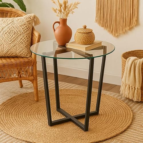 Miniatura 12 de Mango Steam Mesa de centro redonda de cristal de metro para sala de estar y comedor, parte superior transparente/base negra Vidrio transparente y