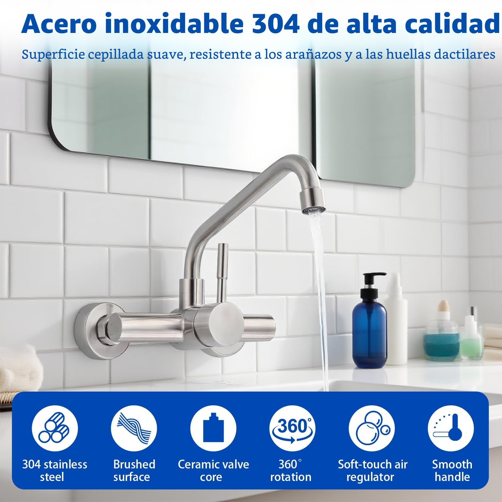 Grifo Cocina en la Pared con 2 Modos, Grifería de Fregadero Giratorio a 360​°, Mezclador Monomando de Acero Inoxidable 304, Aireador Extraíble, Agua Fría y Caliente, Cepillado