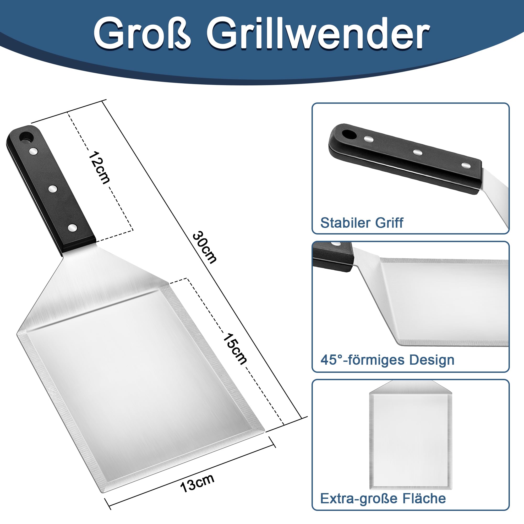 Gimars Grillspachtel Set 4-teilig - Edelstahl, Für Burger, Pizza, Plancha