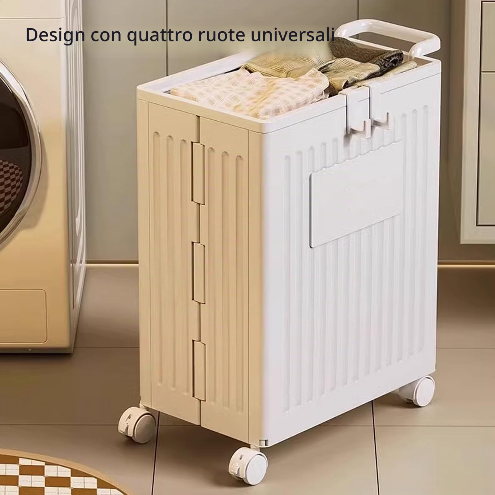 Cesto Biancheria Plastica Cesta Panni Sporchi Salvaspazio con Maniglia e Coperchio Carrello Portabiancheria con Ruote Adatto a Soggiorno, Bagno, Lavanderia(White)