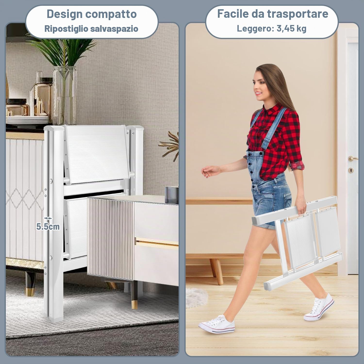 Eulenke Scala pieghevole a 2 gradini, leggera, in alluminio, antiscivolo, con protezione pieghevole, per casa, cucina, portata fino a 150 kg, bianco