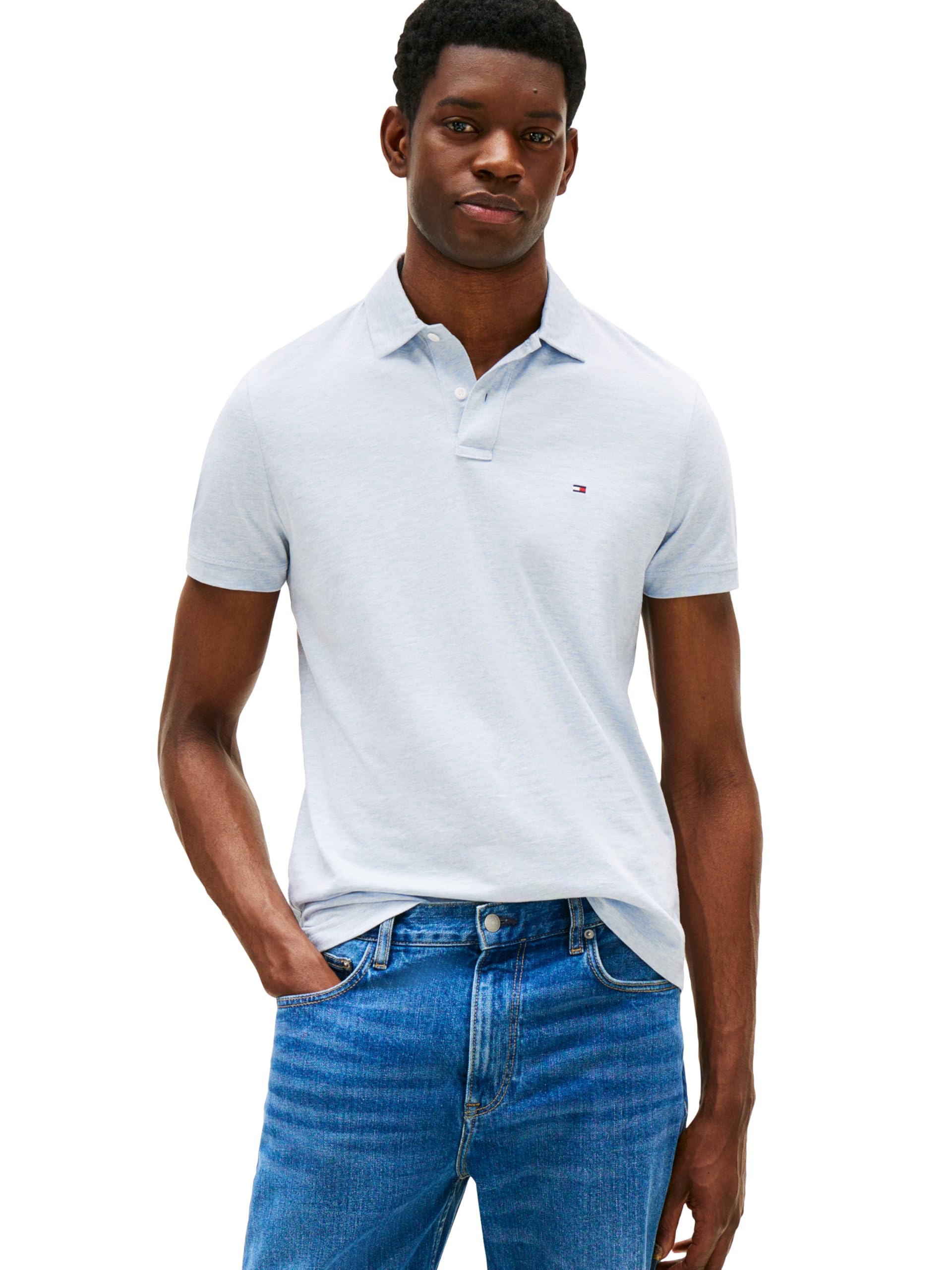 Tommy Hilfiger Men's Heathered Blue Bros Short Sleeve Casual Dri Polo Shirts In Regular Fit With Moisture Wicking And Stretch, Xl