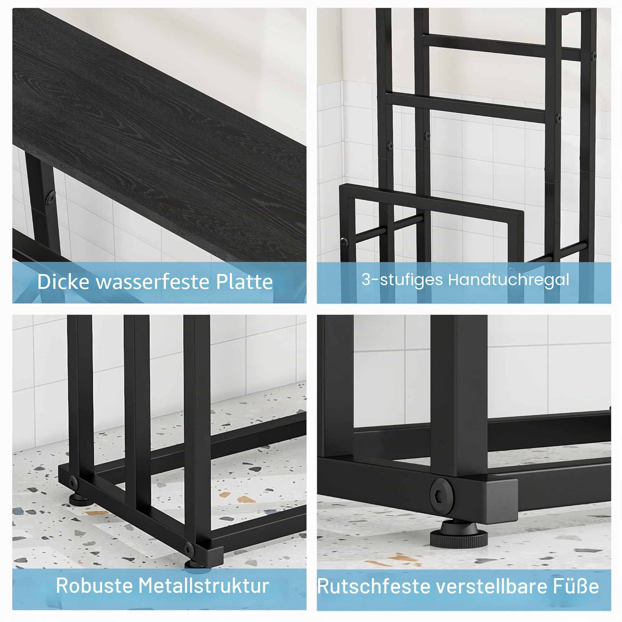 Freistehender Handtuchhalter für Badezimmer, 3 Etagen, Metall, Deckenleiterhalter, Pool-Trocken- und Ausstellungsregal mit Ablage für Schlafzimmer, Wohnzimmer, Schwarz