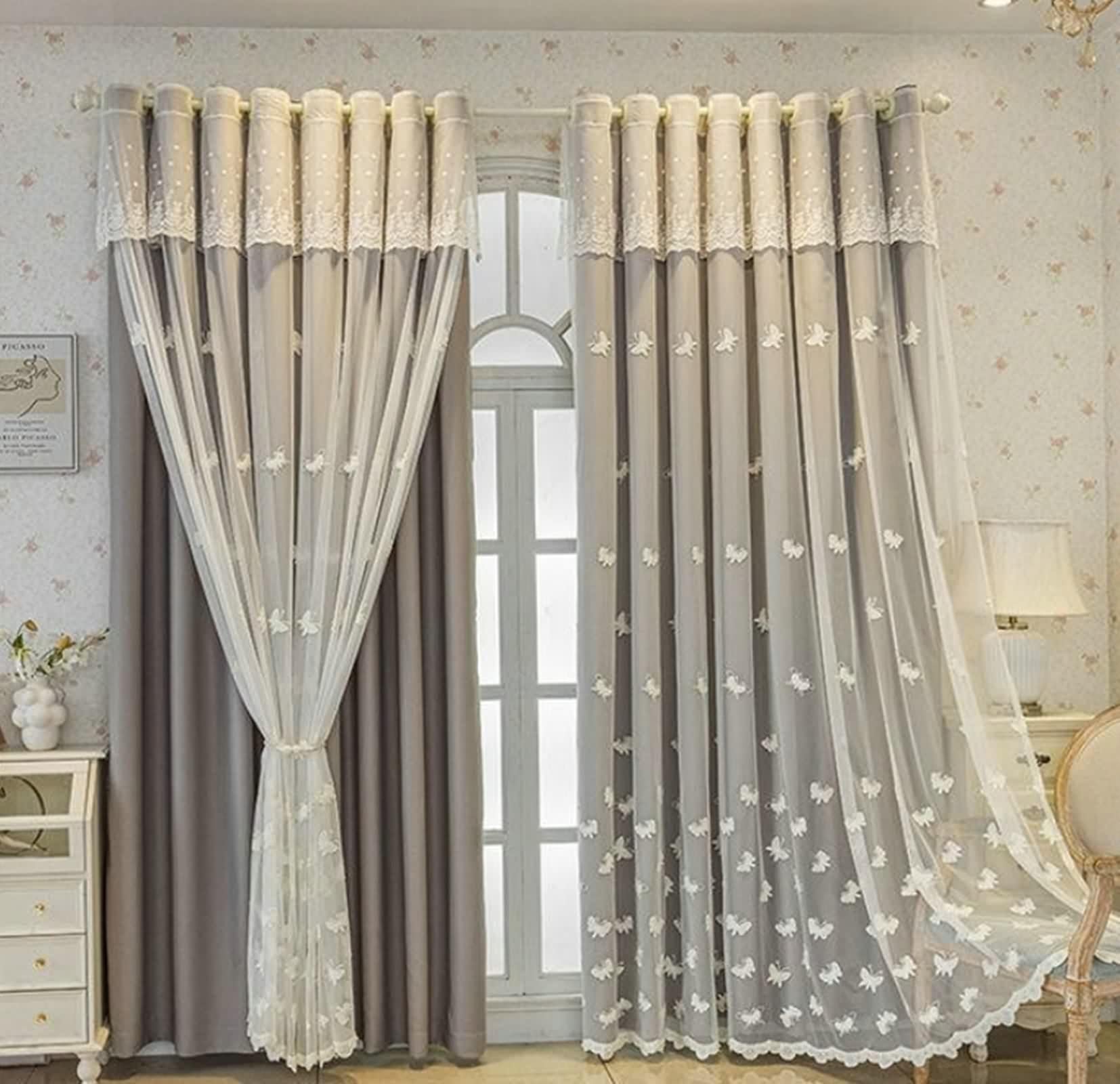 Graue Vorhänge, Vorhänge Verdunklung Doppellagig mit Schmetterlingsstickerei Polyester-Baumwolle Gardinen 2er Set B 107 x H 160 cm