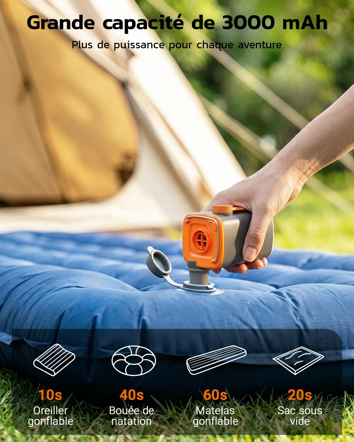 Pompe à air électrique Rechargeable 3000 mAh, Mini gonfleur 4,5 kPa 280 L/Min USB-C avec Fonction gonflage et dégonflage, Lampe LED, 5 Buses pour Matelas Gonflable, bouée, Sac sous Vide, Camping