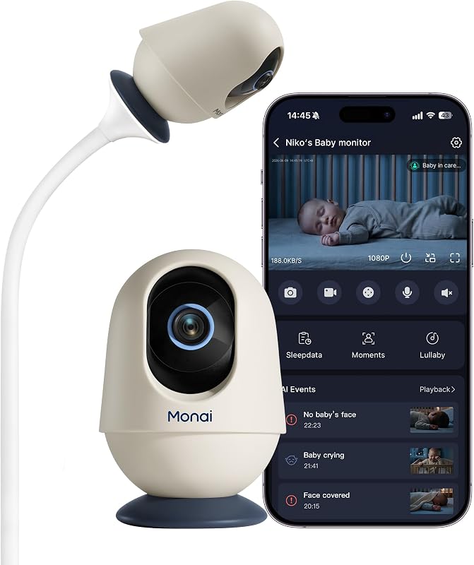 Pro 4K Smart WiFi Baby Monitor with Camera and Audio, Mount, AI App | Night Vision, Cry Detection, No Subscription, 32GB Local Storage, Covered-Face Alert, Danger-Zone, Auto-Track, 5-User Share