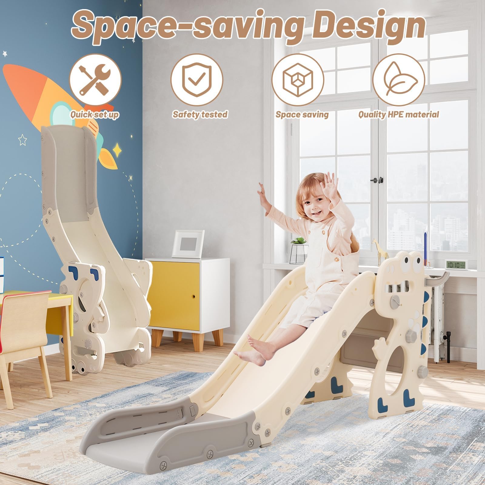 Kinder Rutsche Faltbar Kinderrutsche mit Basketballkorb und Armlehnen, Gartenrutsche Kleinkinderrutsche, Kleinkinderrutsche Indoor & Outdoor Grau