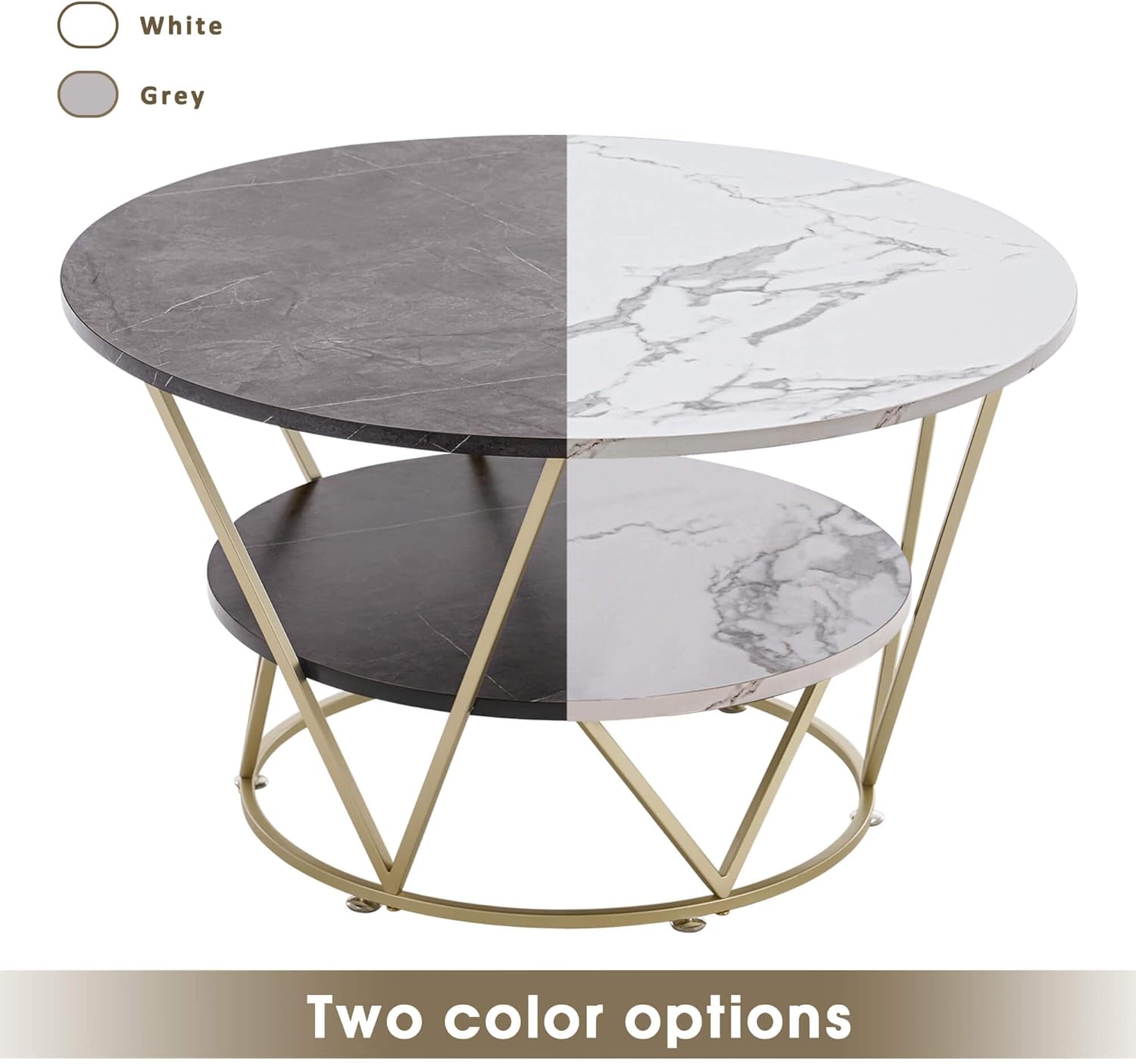 ivinta Round Coffee Table, 2-Tier Modern Center Table with Storage Shelf and Sturdy Gold Metal Frame for Living Room, COFF-39 (Gray)