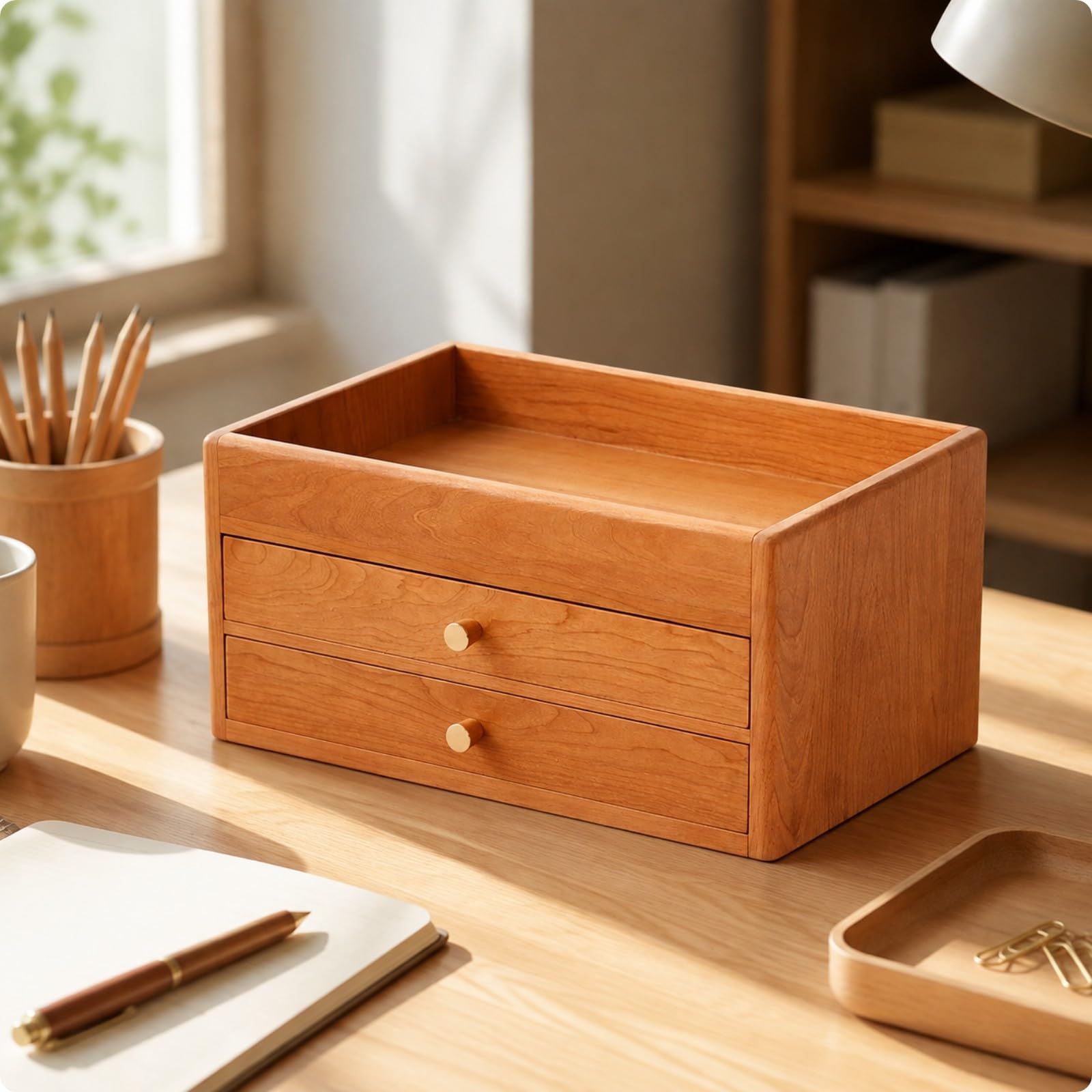 Cassettiera da Scrivania in Legno di Ciliegio Pratico Cassettiera con Due Cassetti e Scomparto Aperto Resistente Contenitore per Ufficio