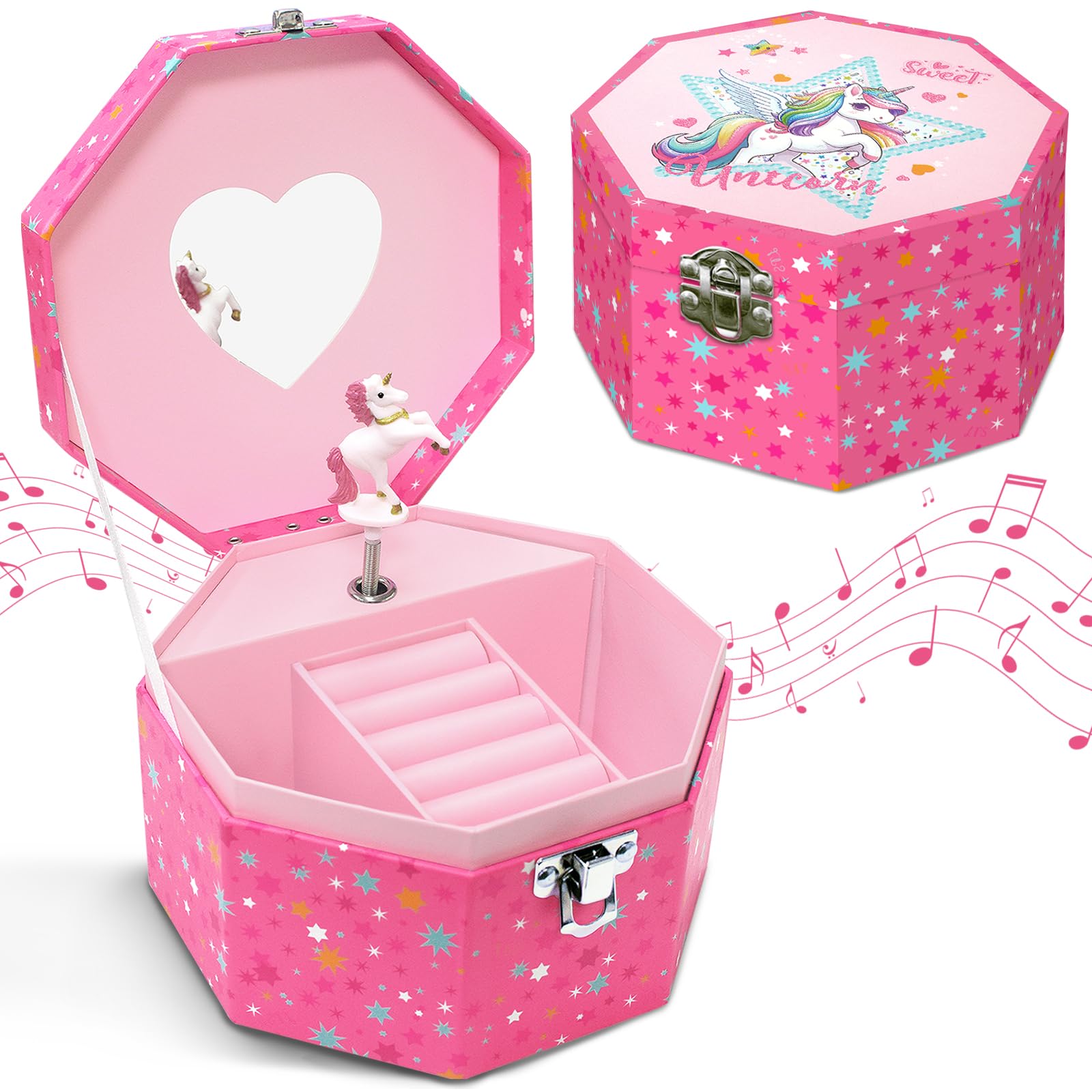 GINMLYDA Unicorn Jewellery Box for Girls, Musical Boxes with Mirror, Musical Jewellery Boxes with Spinning Unicorn, Party Gifts for Little Girls Music Box,6.5 x 4.7 x 3.3 in Ages 3-10-Pink