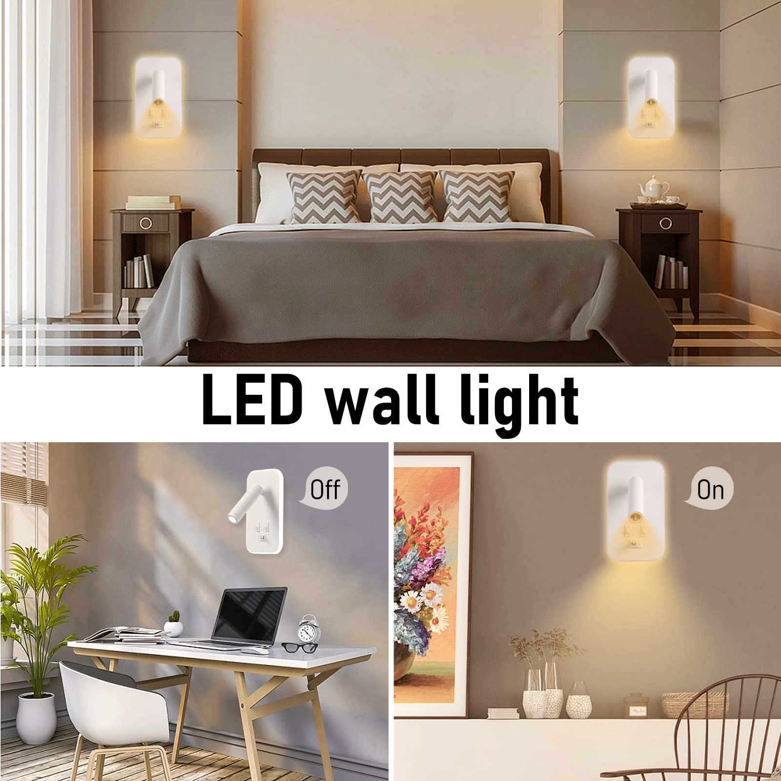 Weigudoc 2pcs Lámpara de Pared LED, Luz de Lectura Junto a la Cama, Aplique de Pared Cabecera Ajustable, con Puerto de Carga USB e Interruptor, Luces de Pared de Pasillo (Blanco)