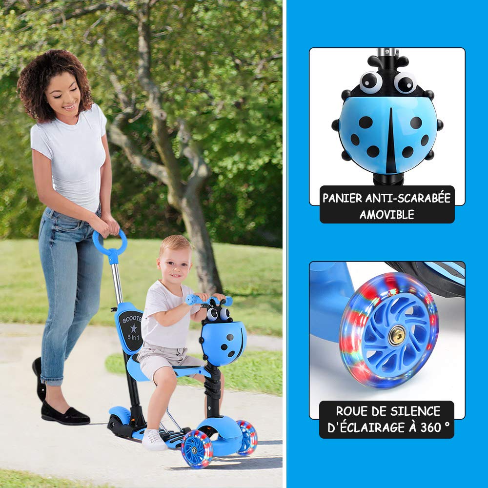 YOLEO Trottinette avec Siège 5 en 1, 3 Roues Plateau Antidérapant LED, Patinette réglable en Hauteur Classiques, Idéal Cadeau pour Enfants 2 a 6 Ans