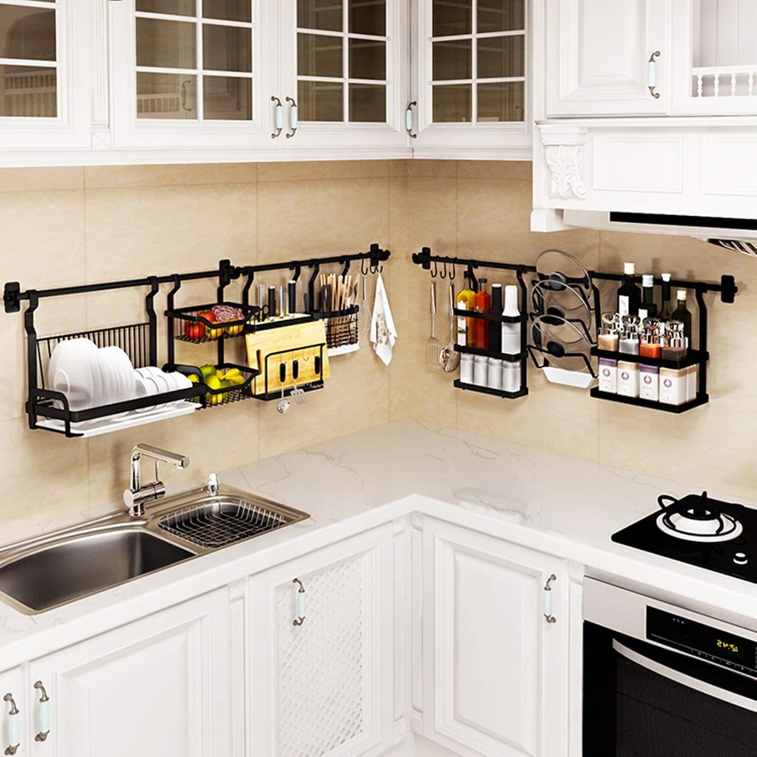 Scaffale da cucina a parete in acciaio inox, scolapiatti con ganci a S appesi, per lavello, bancone, armadio, combinazione fai da te, salvaspazio, multifunzionale
