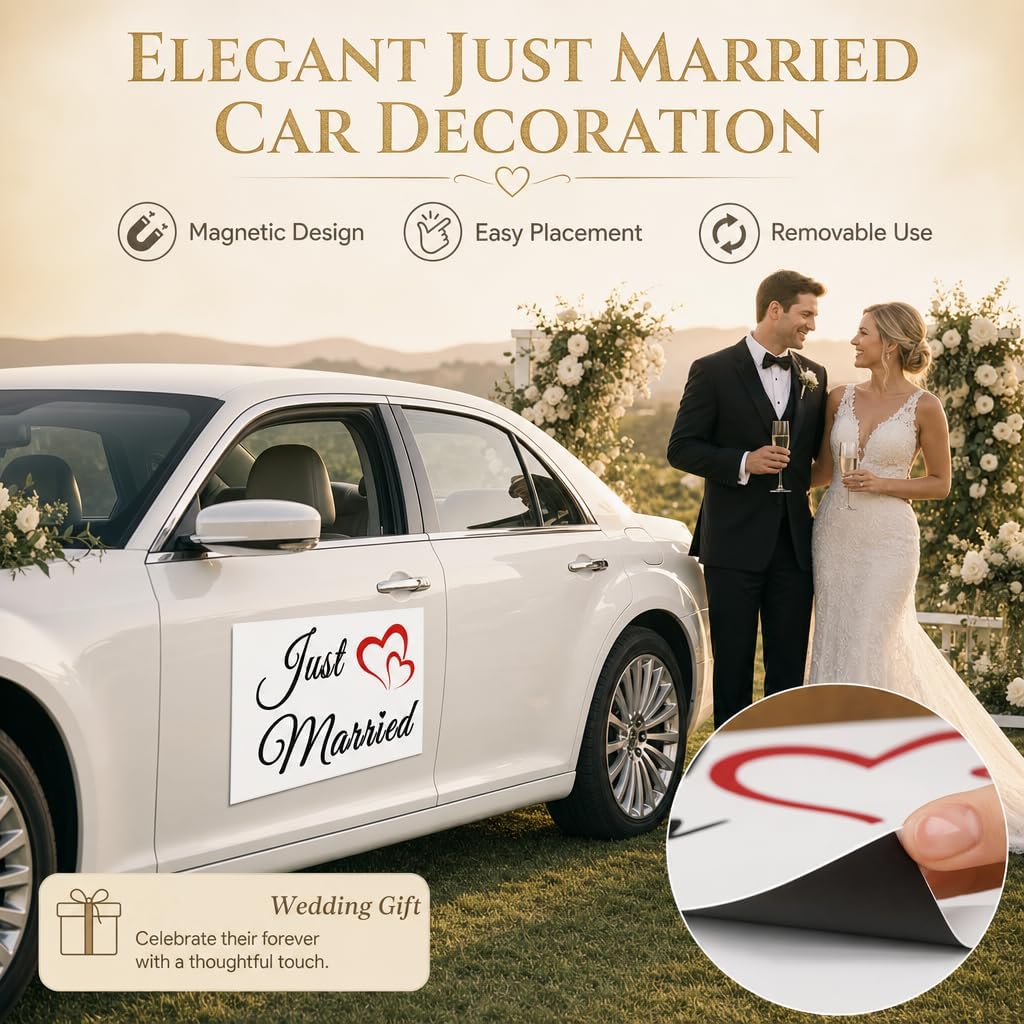 2Pcs Just Married Car Magnet Sign, 8x12 Inch Removable Wedding Car Decoration with Heart Design, Magnetic Wedding Decorations Vehicle Sign for Newlyweds, Honeymoon, Door Panel, Fridge, Bridal Gift