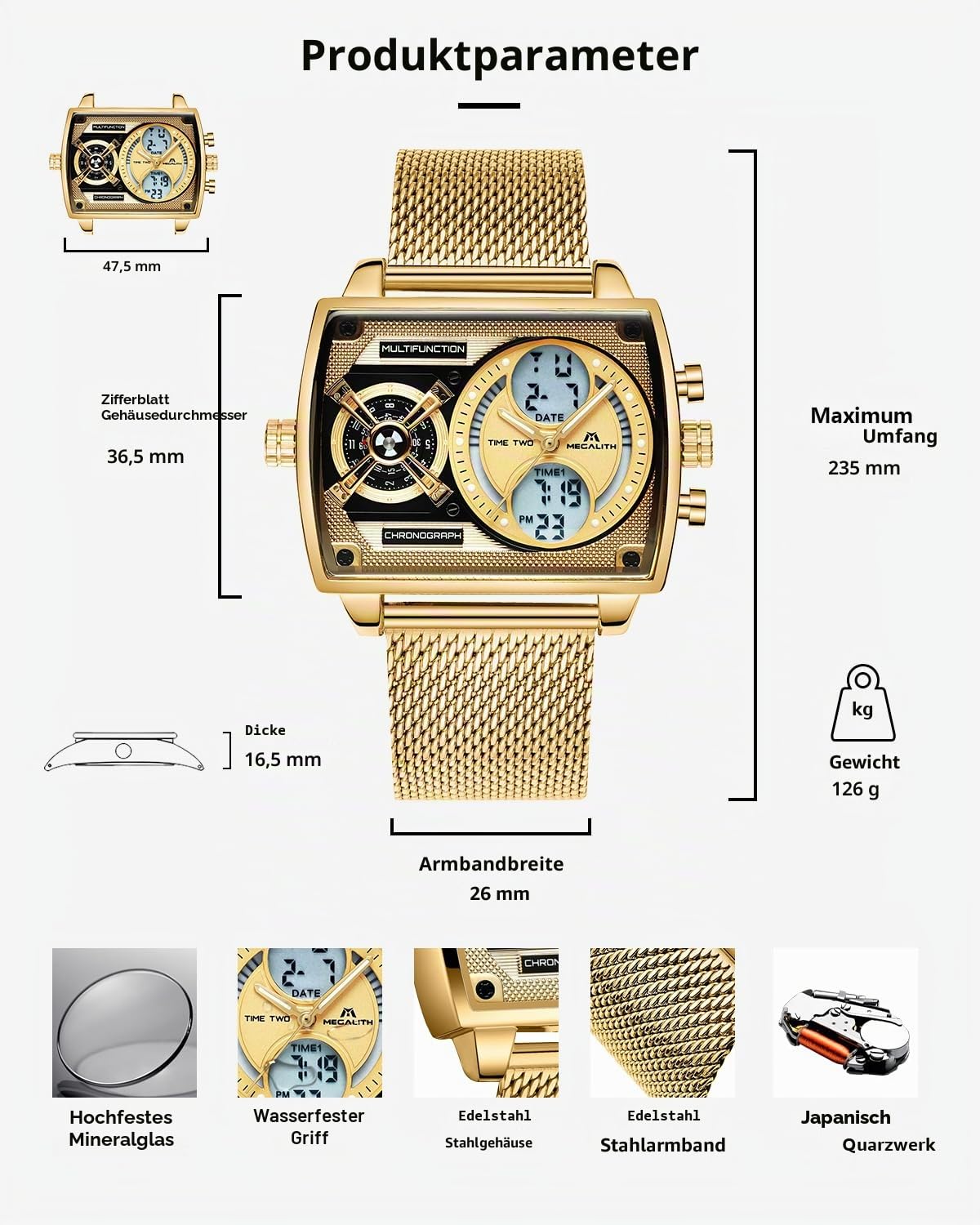 MEGALITH Herren Uhr Digital Analog: Multi-Zeitzone Arbeits Armbanduhr mit Groß Zifferblatt Quadratisch - Stilvoll Geschenke für Business Männer Jubiläum Geburtstag