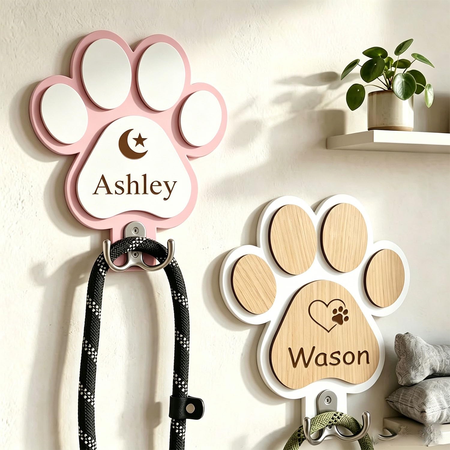 Personalized Dog Paw Leash Hanger With Engraved Name For Collar, Accessorie