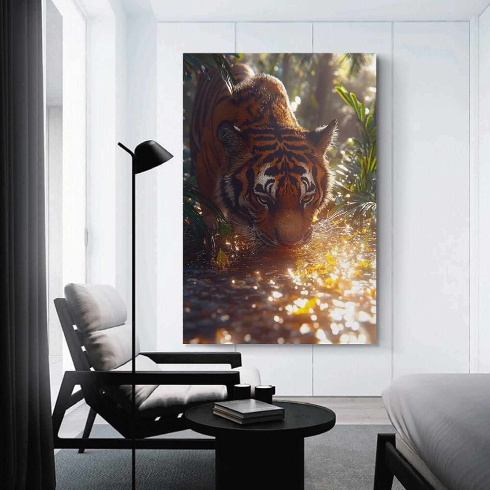 Junmoney Tiger Drinking Water in Jungle Canvas Wall Picture, 20x30inch(50x75cm), for Front Hall, Corridor Or Welcome Spaces, Wall Decor to Refresh Empty Corners