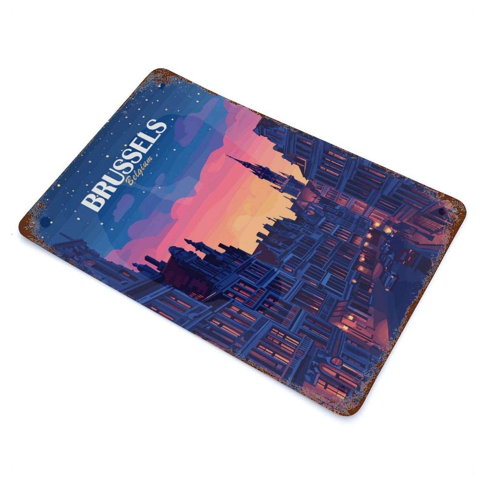 Distressed Metal Wall Sign with Brussels Belgium Cityscape at Dusk Design 11.8"x7.9", for Farmhouse, Kitchen And Entryway Decor, Old School Wall Decor