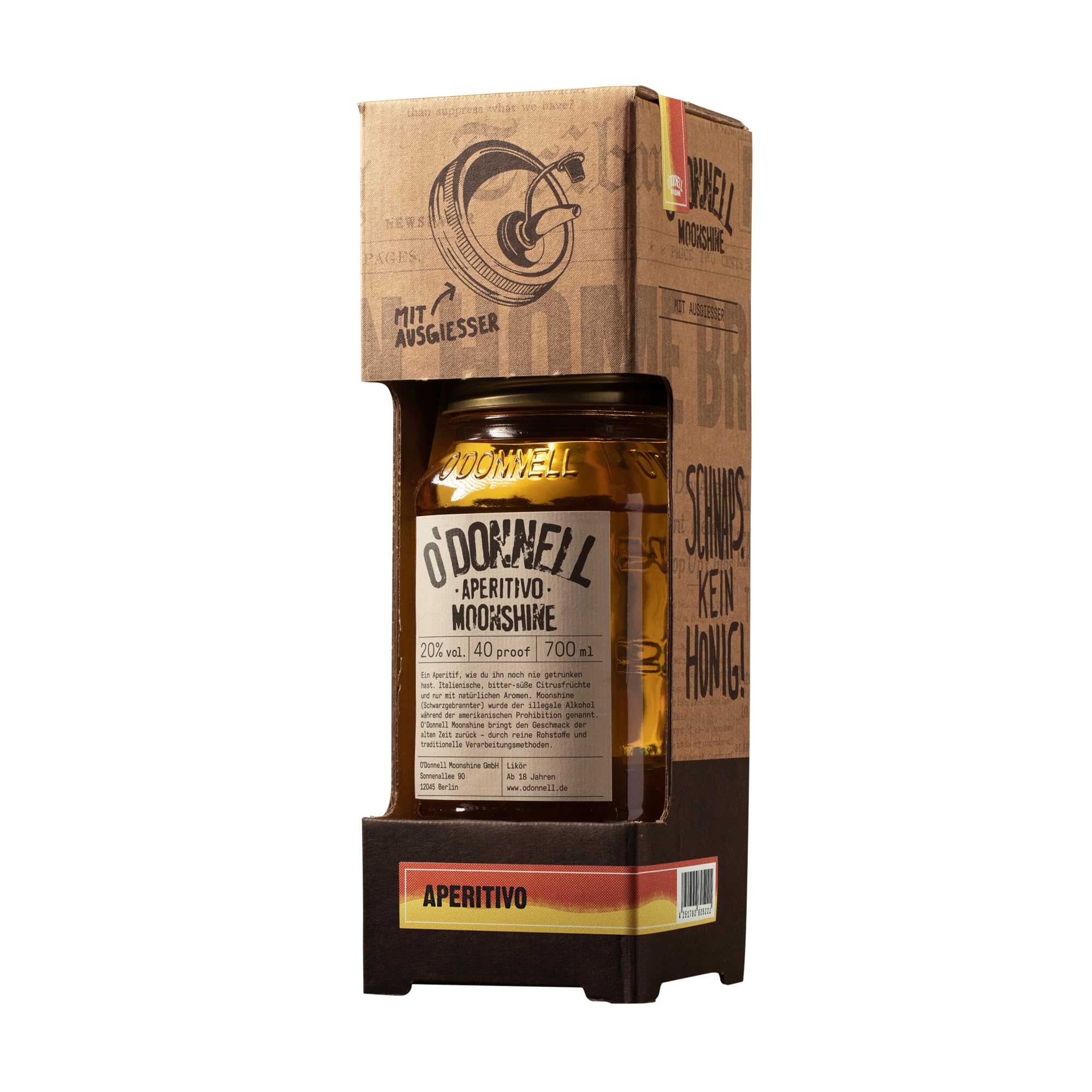 O’Donnell Moonshine Aperitif Likör mit Kräutern (Set 700ml + Ausgießer) Aperitivo Zitrusfrüchte & Kräuter Likör, Balance aus bitter, süß & fruchtig, Made in Berlin – Ohne künstliche Aromen/Farbstoffe