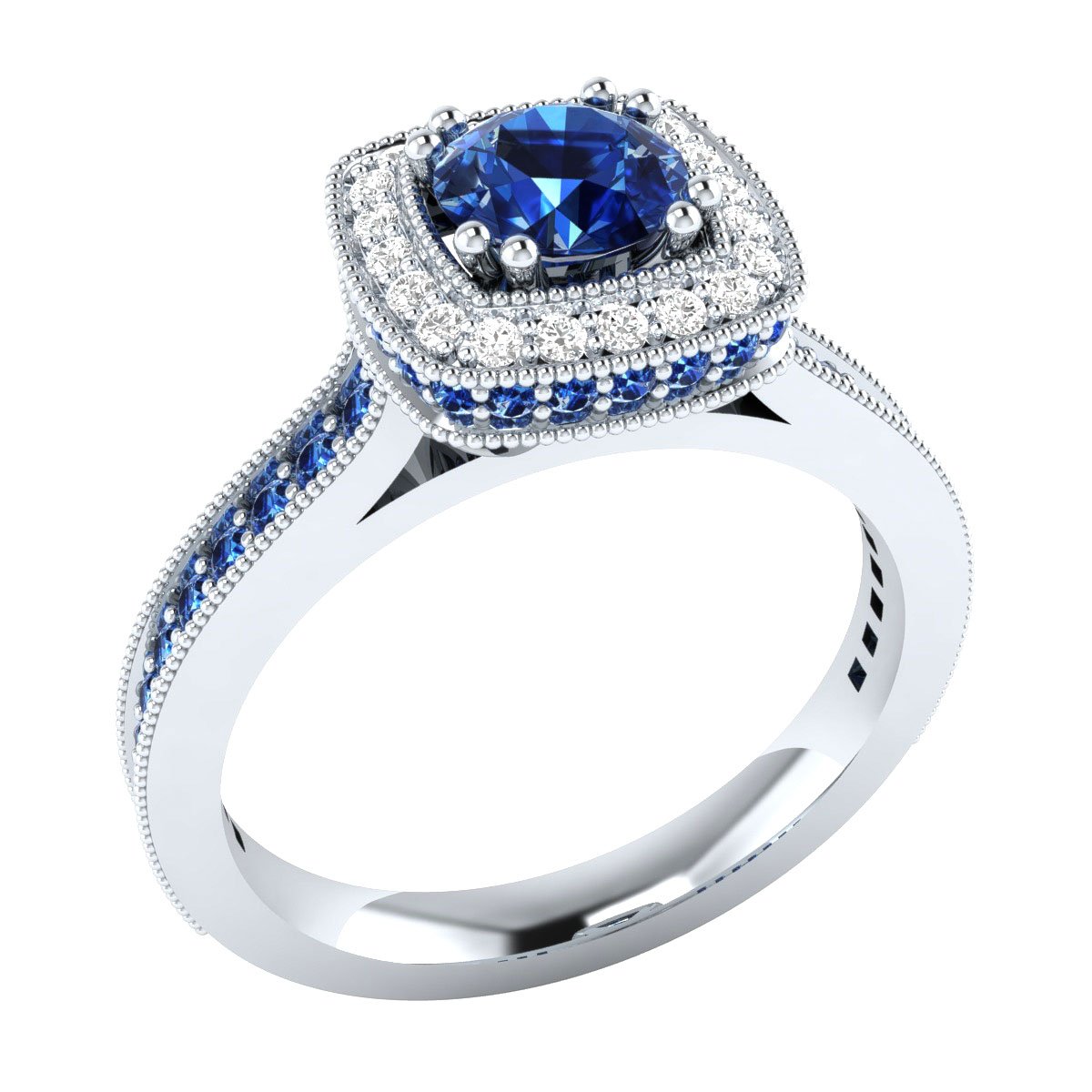 Solid 14k White Gold Wedding Engagement Ring W/0.10 ct Diamond and Simulated Blue Sapphire