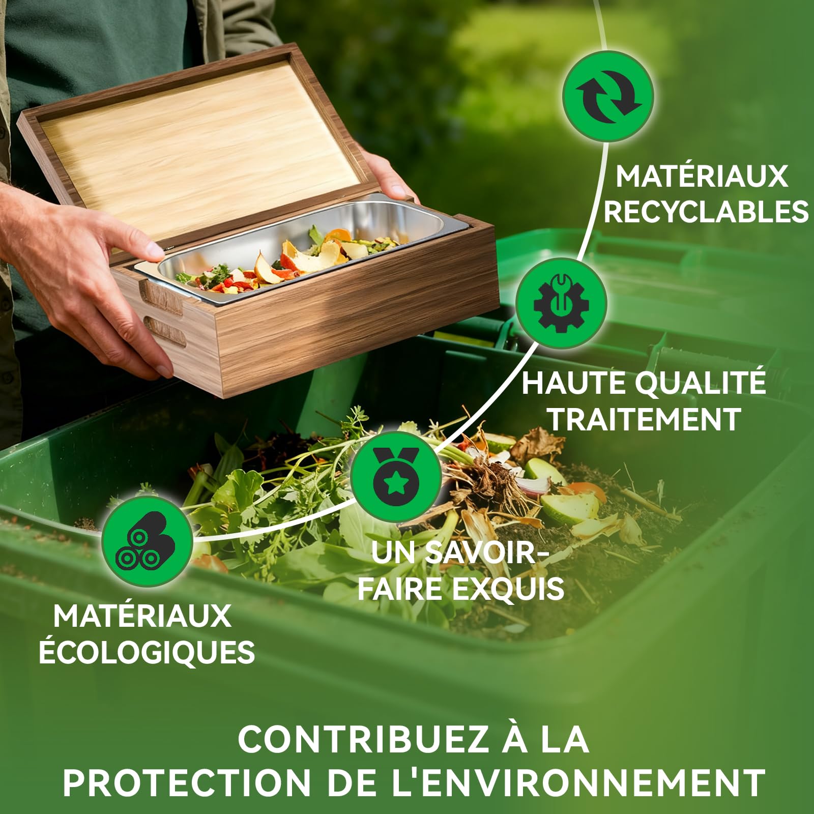 Poubelle de Cuisine 4L Bois véritable Acier Inoxydable Anti-odeurs pour déchets Alimentaires avec récipient intérieur Amovible Noyer