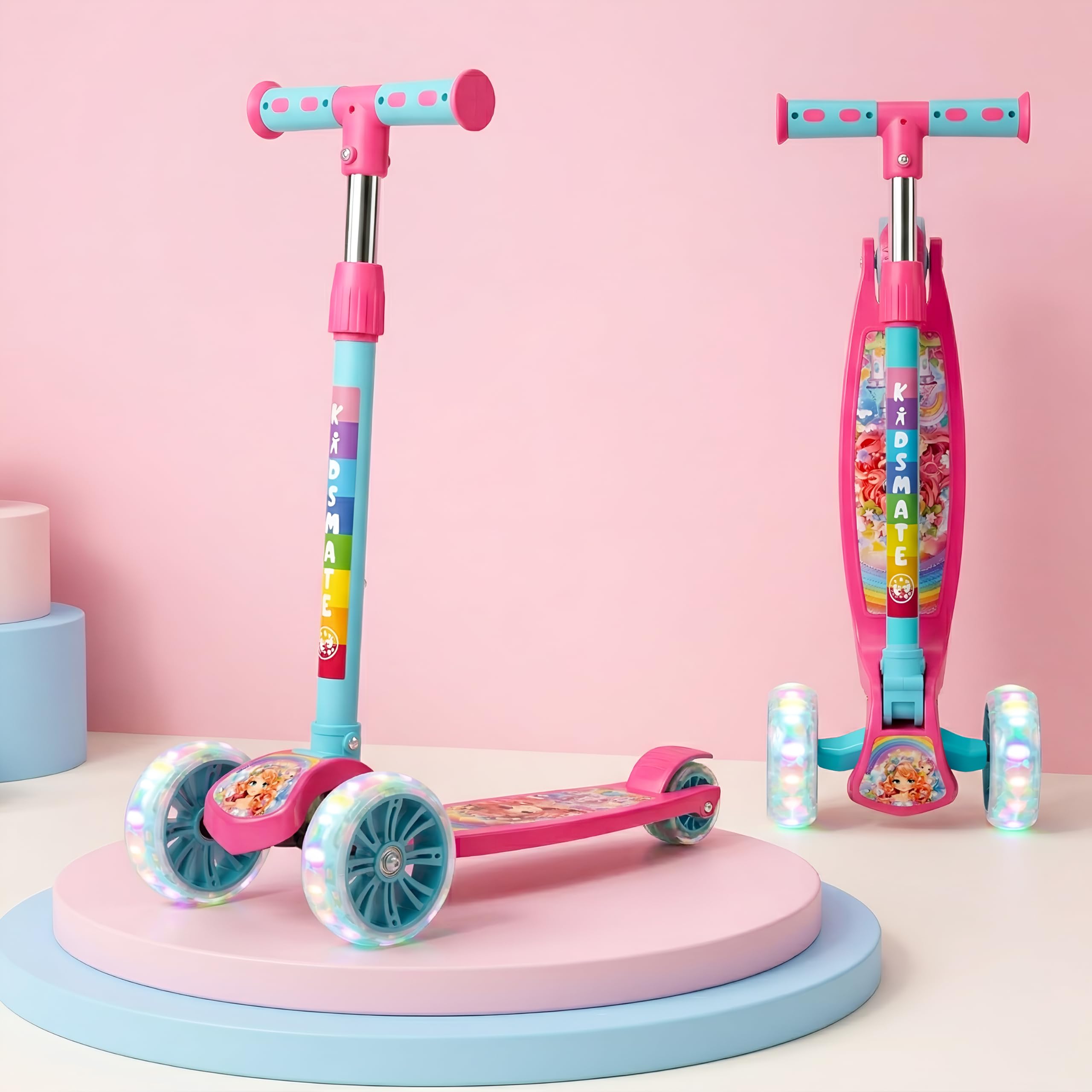 Kidsmate Rider Pro Kick Scooter with Broad PU LED Wheels | 3-Wheel Skating Scooter for Boys & Girls of Ages 2-12 Years | Level Adjustable Height, and Easy Fold Design (Pink Sea Green)-image-47